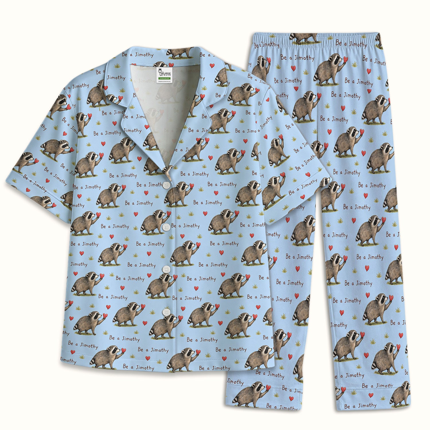Cute Be A Jimothy Raccoon Hearts Pajama Set, Soft Breathable Fabric Comfortable Sleepwear
