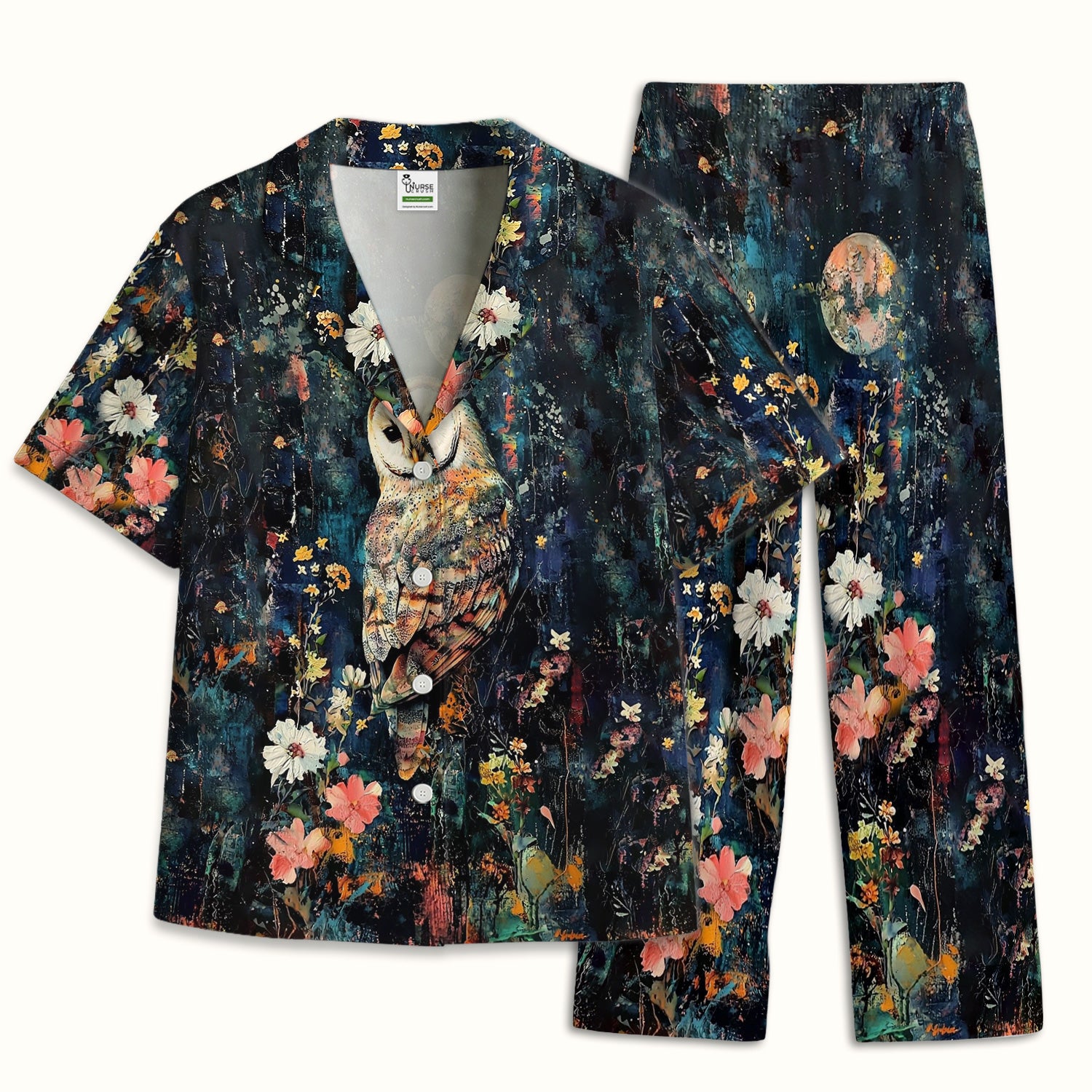 Moonlit Barn Owl Floral Pattern Pajama Set, Soft Breathable Fabric Comfortable Sleepwear