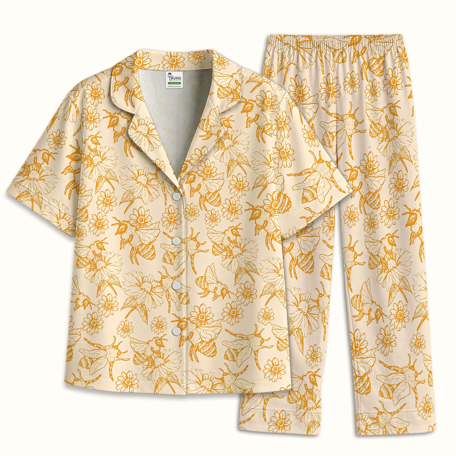 Cute Honey Bee Flower Sketch Pattern Pajama Set, Soft Breathable Fabric Comfortable Sleepwear
