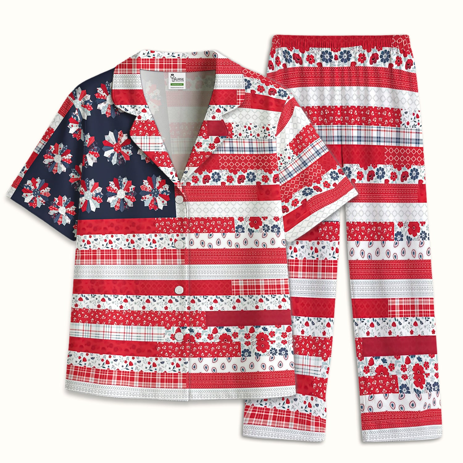 Patriotic Floral Flag Patchwork Pattern Pajama Set, Soft Breathable Fabric Comfortable Sleepwear
