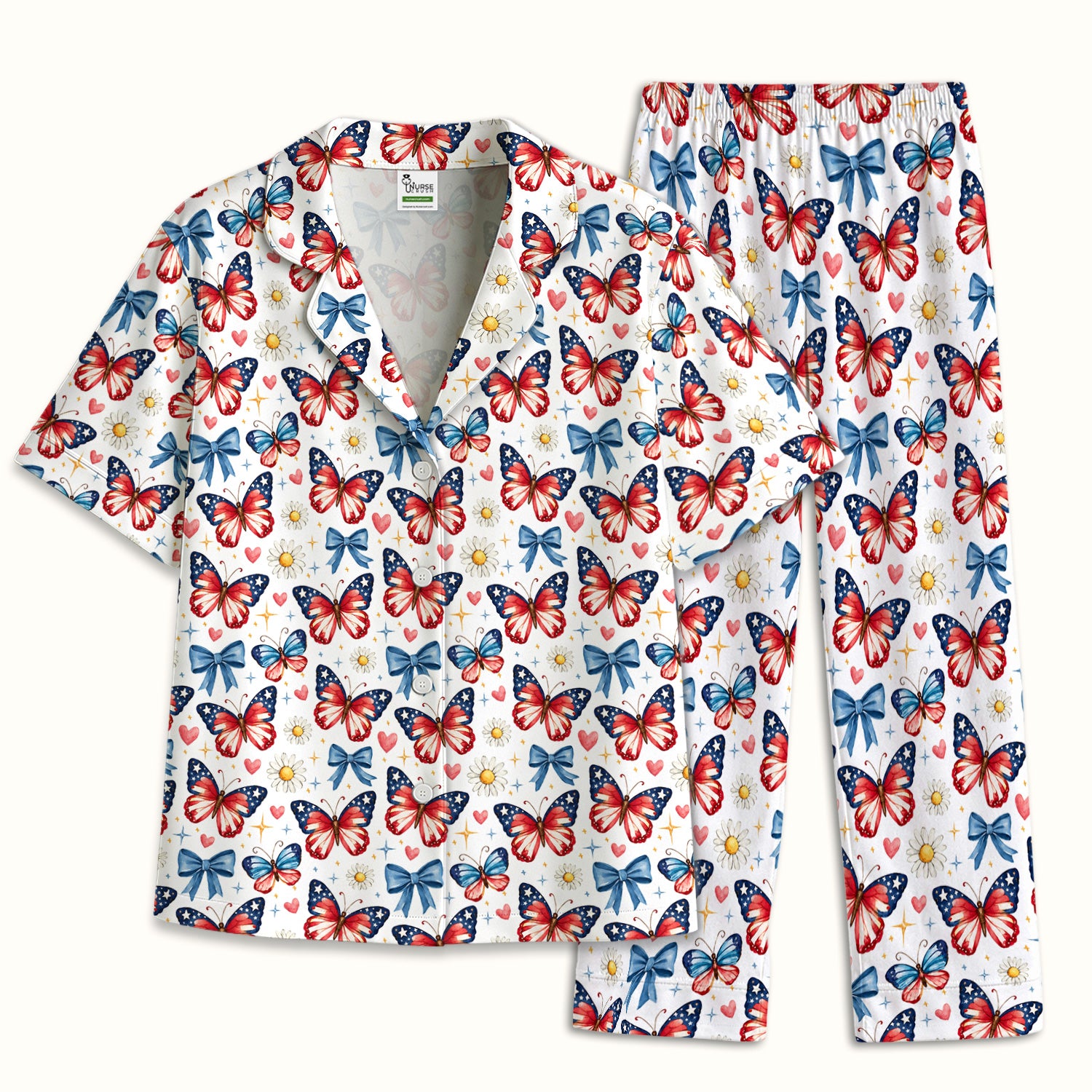Patriotic Butterfly Bow Daisy Pattern Pajama Set, Soft Breathable Fabric Comfortable Sleepwear