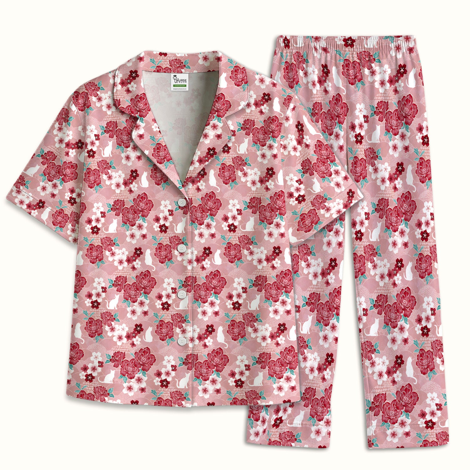 Floral White Cat Nurse Pajama Set, Soft Breathable Fabric Comfortable Sleepwear