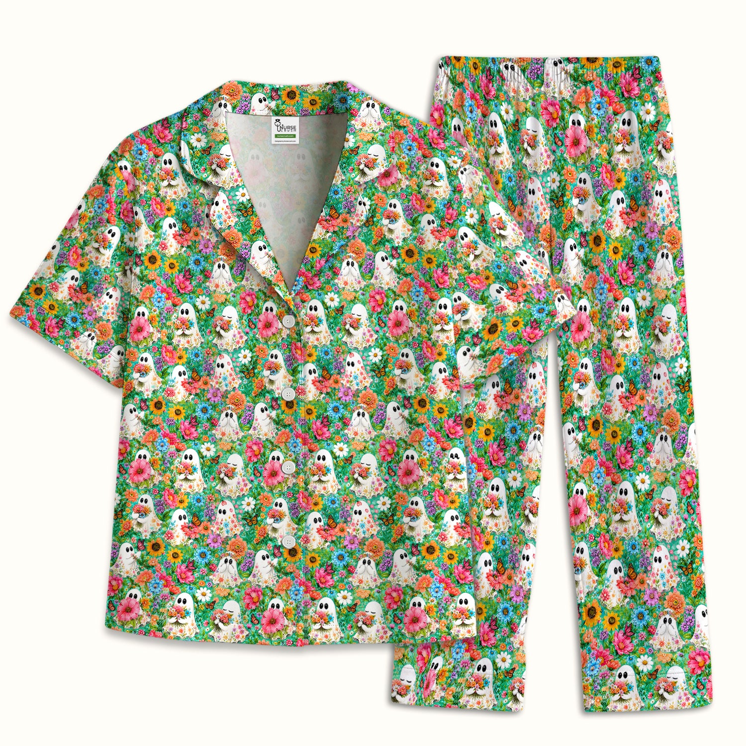 Cute Halloween Floral Ghosts Pajama Set, Soft Breathable Fabric Comfortable Sleepwear