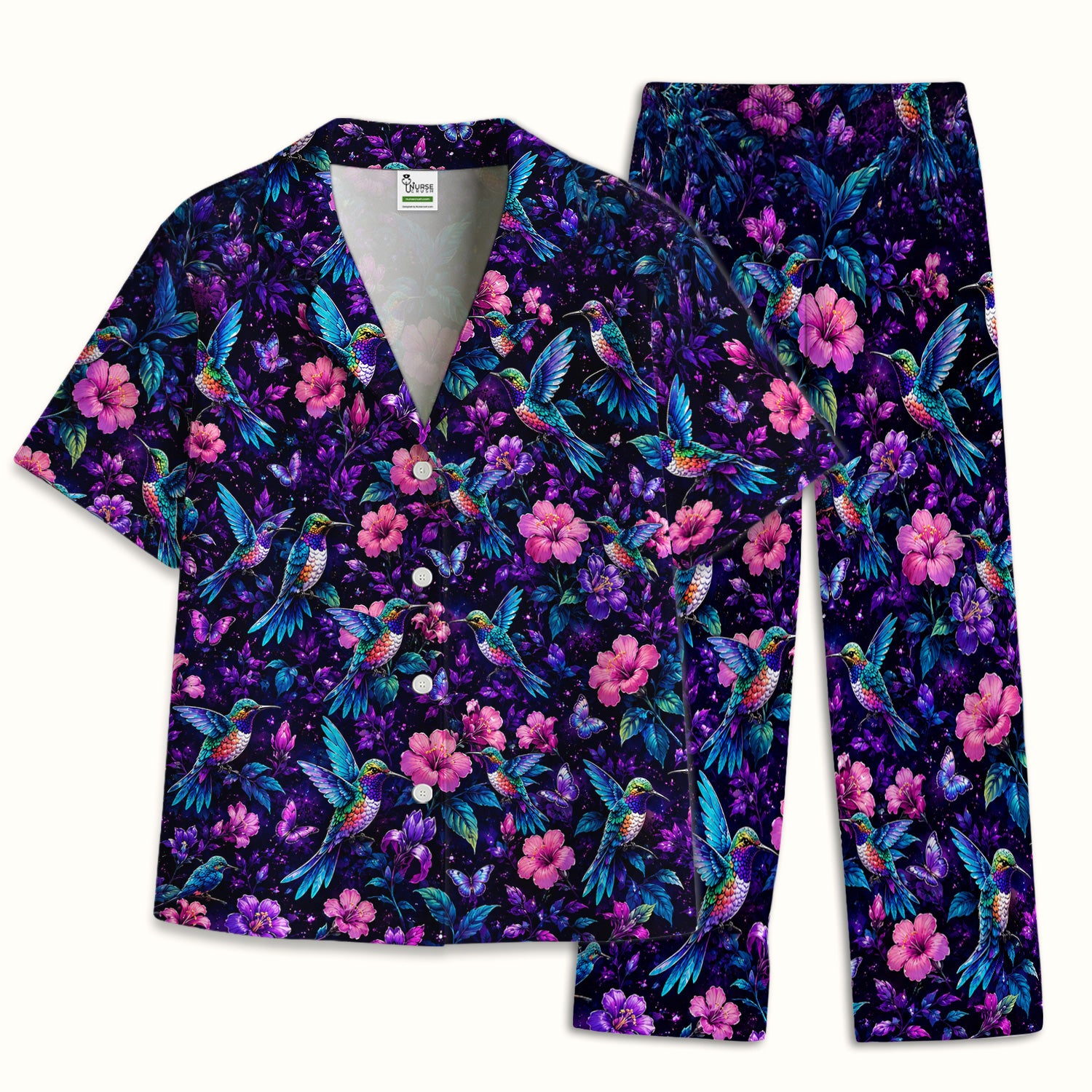 Vibrant Hummingbird Hibiscus Blossom Pattern Pajama Set, Soft Breathable Fabric Comfortable Sleepwear