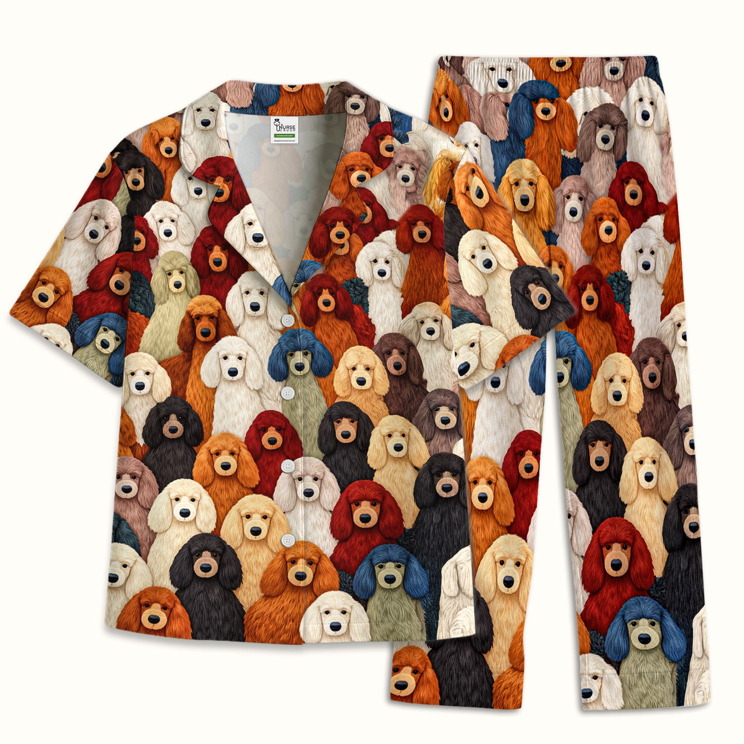 Multicolor Poodle Dog Pattern Pajama Set, Breathable Fabrics Uniform