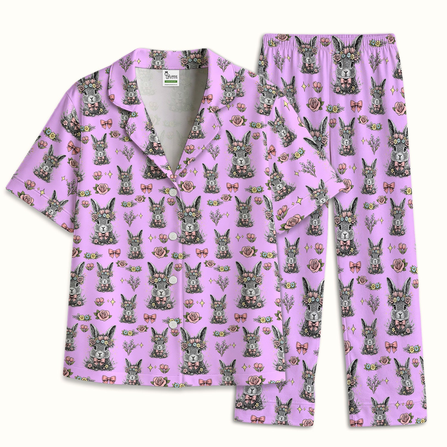 Easter Vintage Floral Bunny Print Pajama Set, Breathable Fabrics Uniform