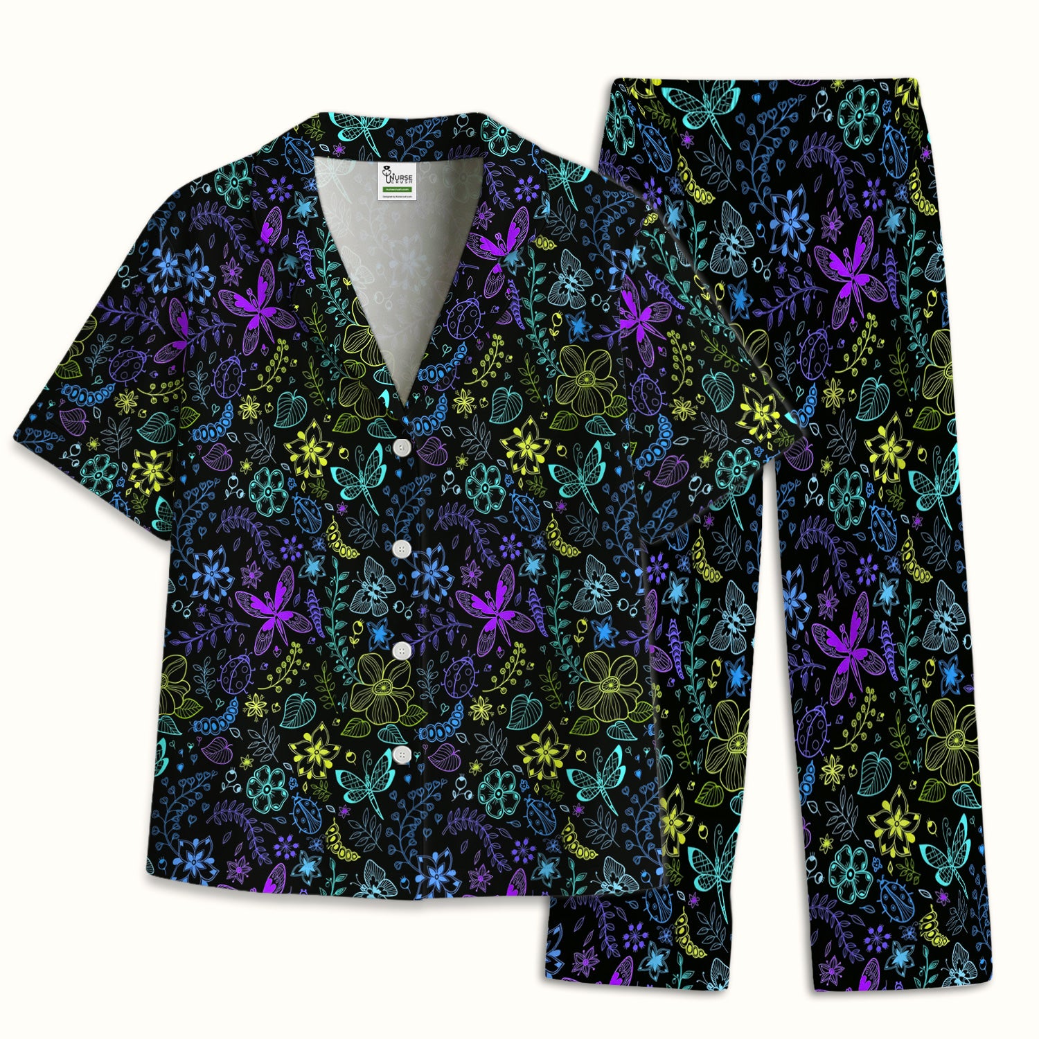 Neon Butterfly and Floral Garden Pattern Pajama Set, Breathable Fabrics Uniform