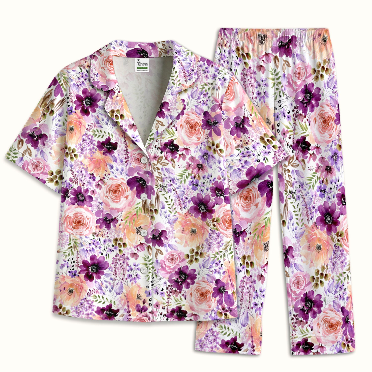 Elegant Watercolor Floral Bloom Pajama Set, Soft Breathable Sleepwear