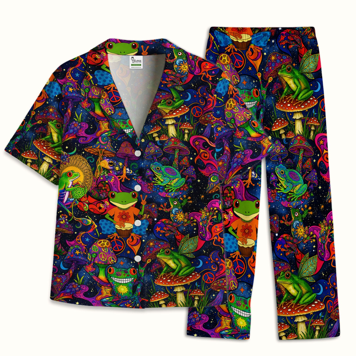 Psychedelic Frog with Mushroom Peace Print Pajama Set, Soft Breathable Fabric Comfortable Sleepwear