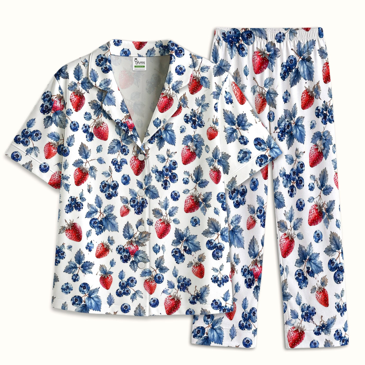 Cute Strawberry & Blueberry Leaf Pattern Pajama Set, Soft Breathable Fabric Comfortable Sleepwear