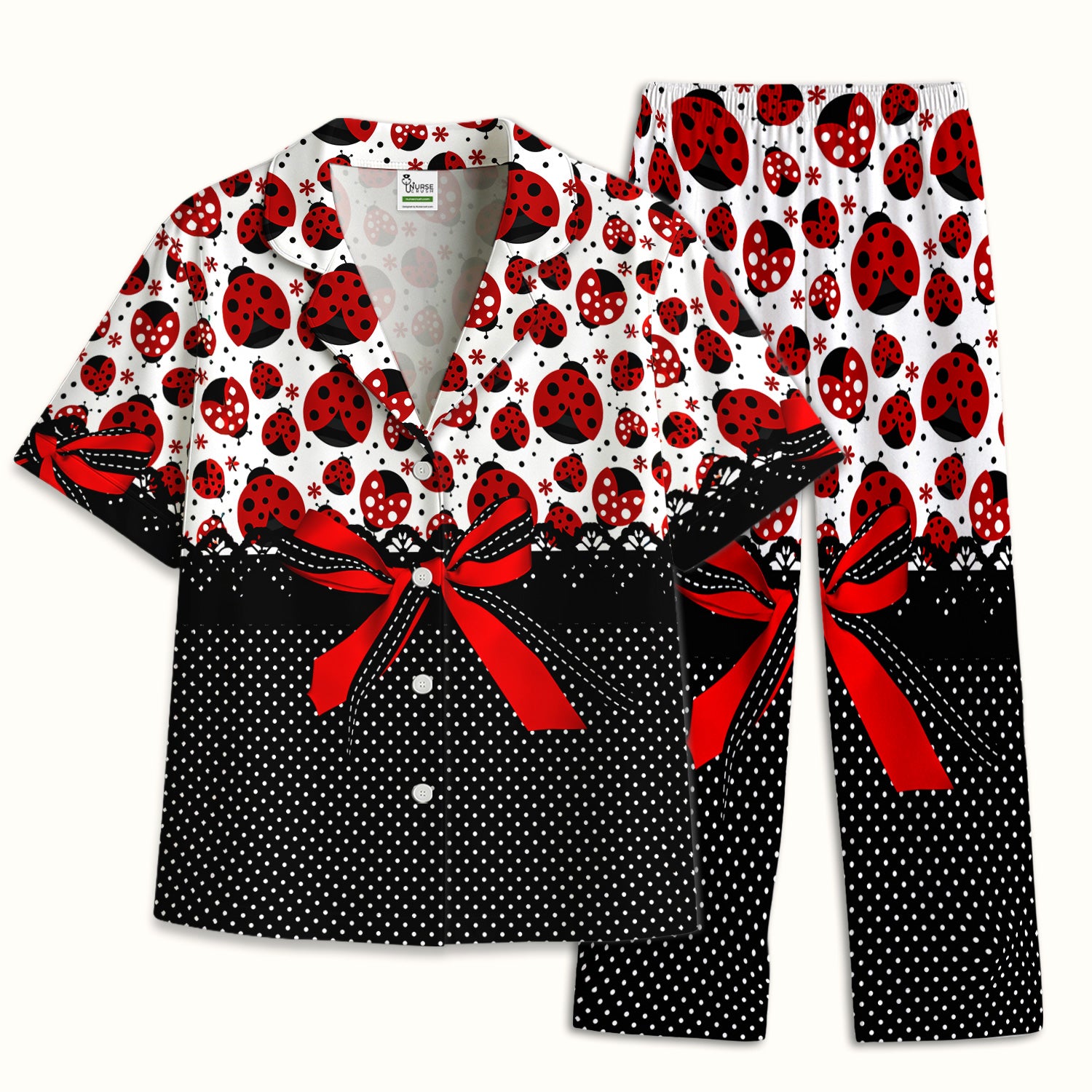 Cute Ladybug Red Ribbon Polka Pattern Pajama Set, Soft Breathable Fabric Comfortable Sleepwear