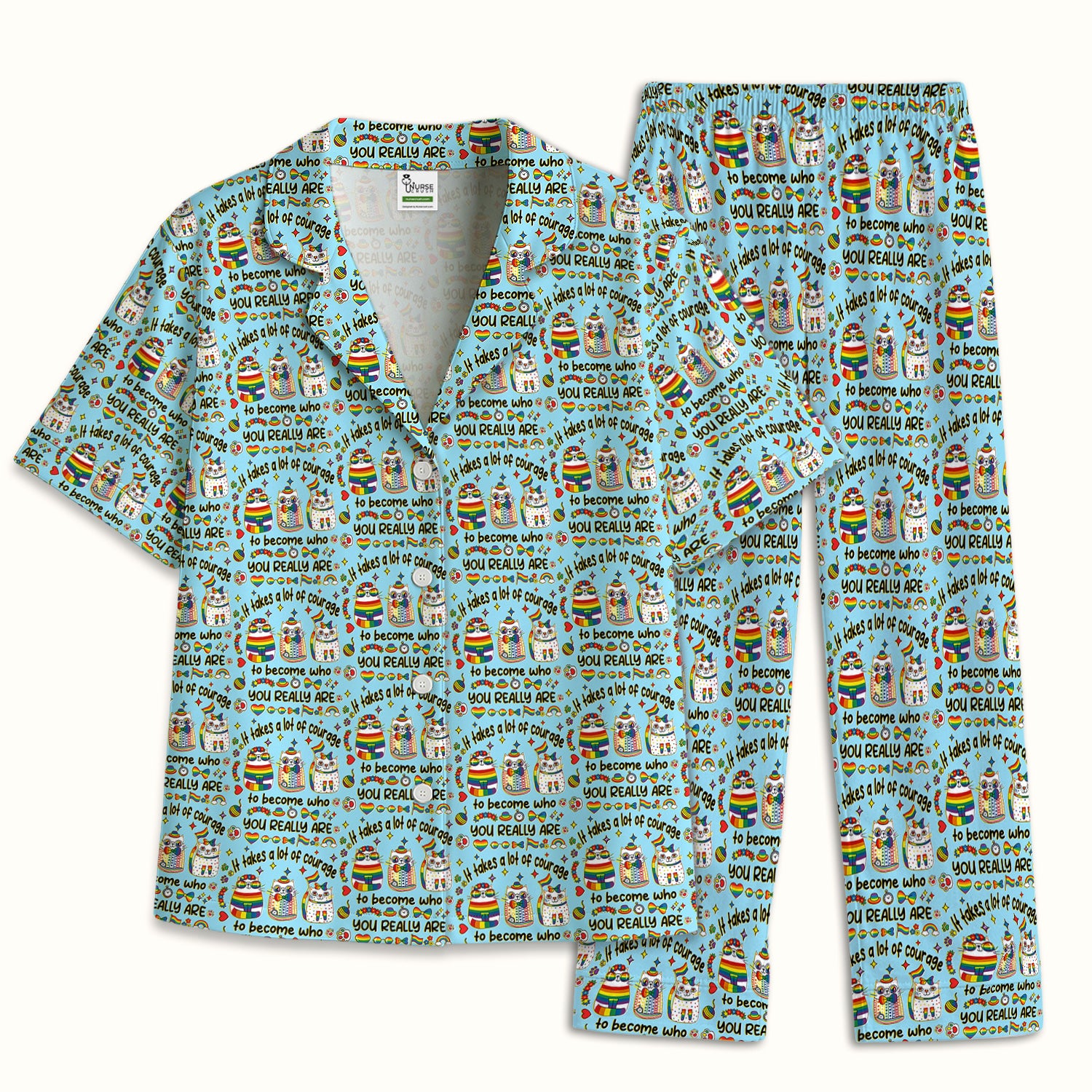 Inspirational Nurse Rainbow Cat Courage Quote Pattern Pajama Set, Breathable Fabrics Uniform