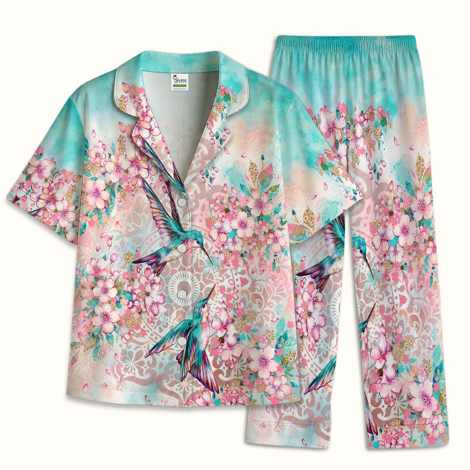 Charming Hummingbird Cherry Blossom Pattern Pajama Set, Soft Breathable Fabric Comfortable Sleepwear