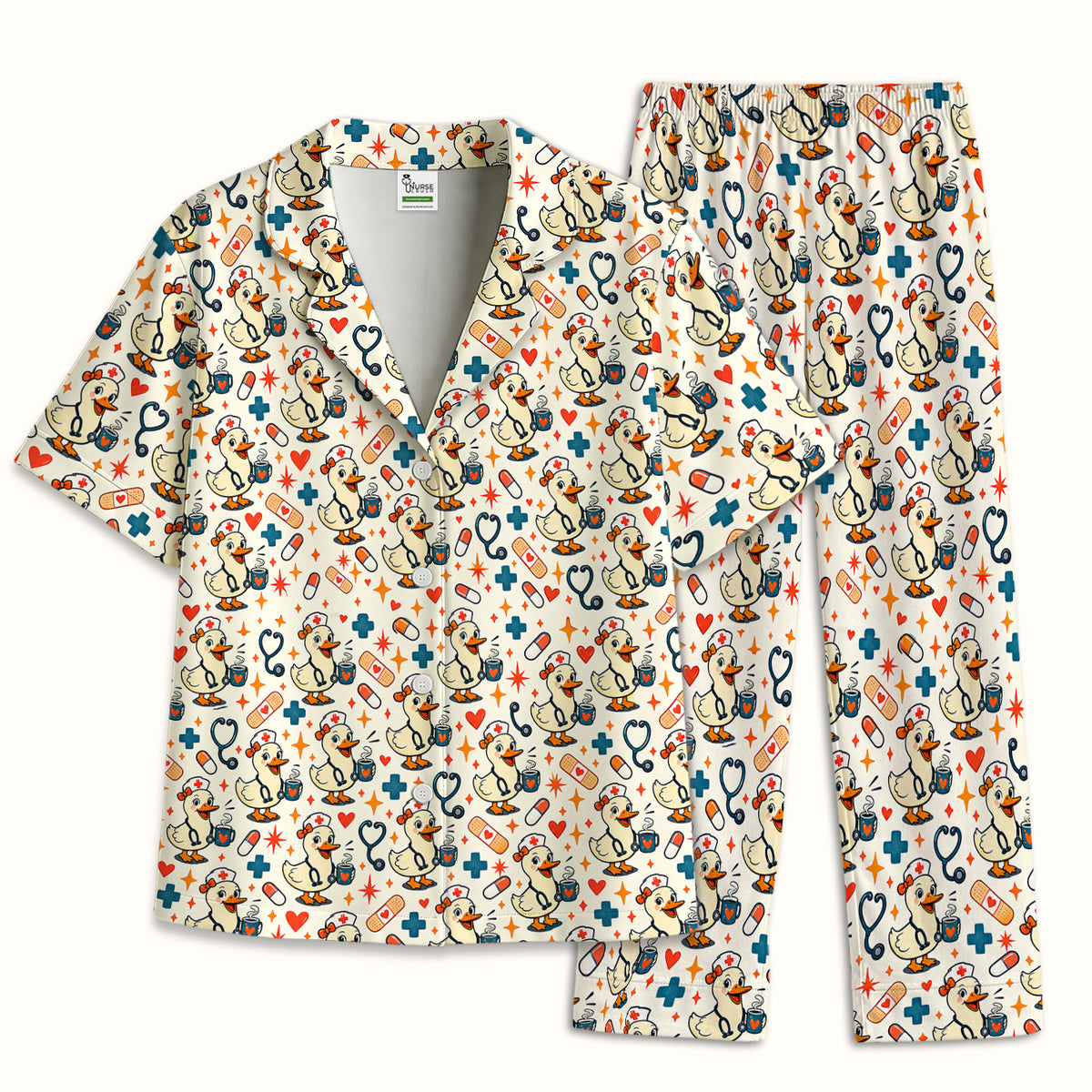 Cute Nurse Duck With Coffee Pajama Set, Soft Breathable Fabric Comfortable Sleepwear