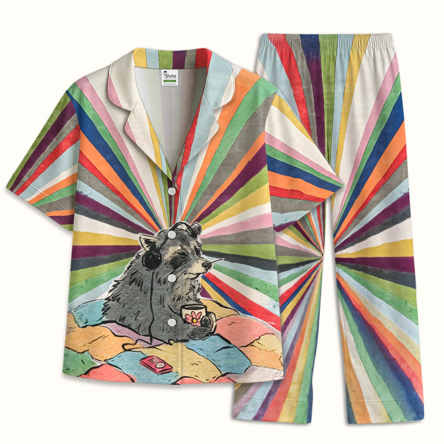 Chill Raccoon Rainbow Music Pattern Pajama Set, Soft Breathable Fabric Comfortable Sleepwear