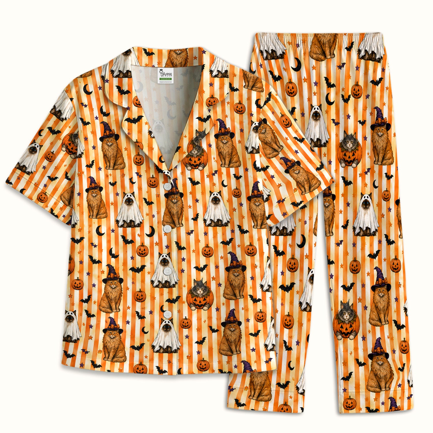 Halloween Cat Print Pajama Set, Soft Breathable Fabric Comfortable Sleepwear