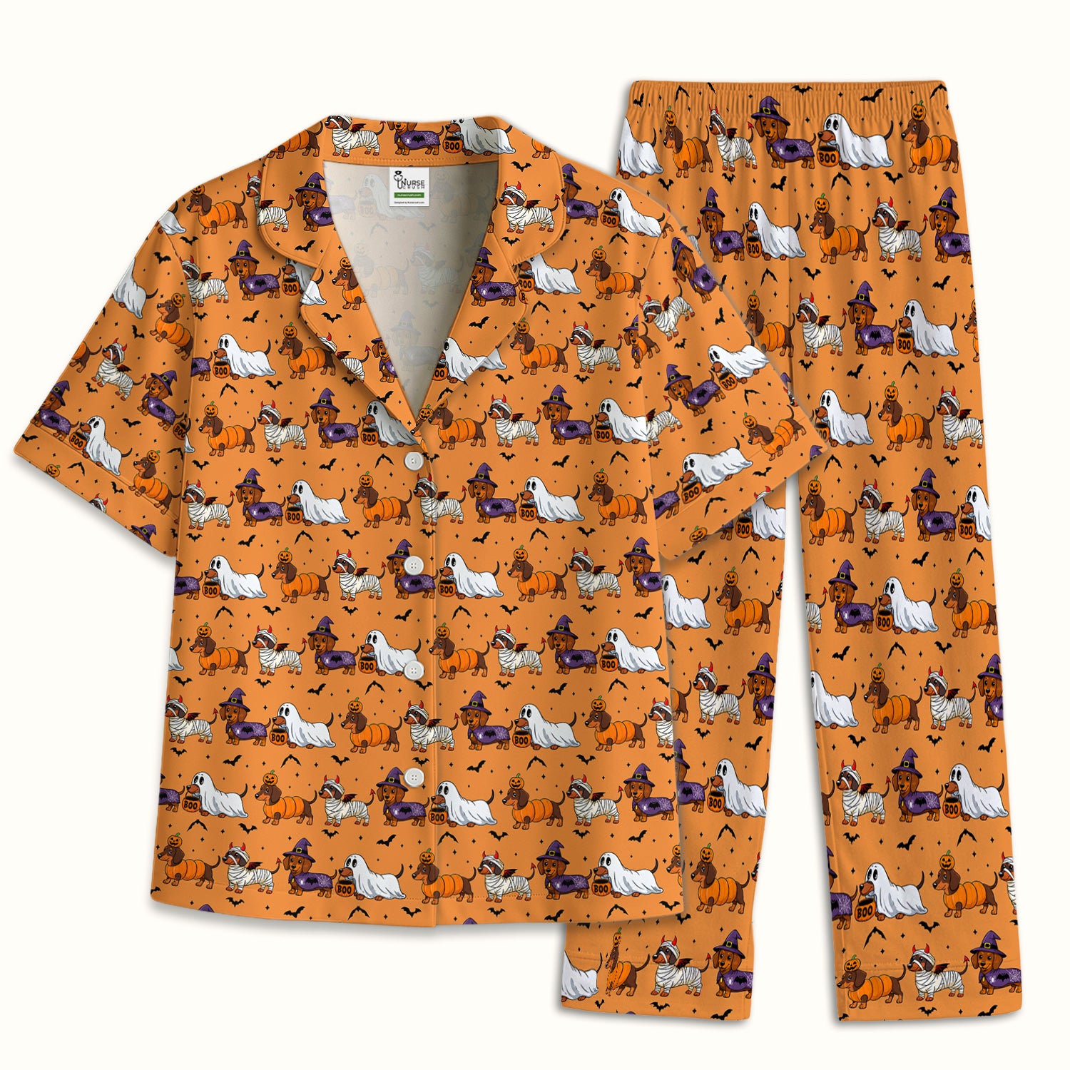 Halloween Dachshund with Bat Pattern Pajama Set, Soft Breathable Fabric Comfortable Sleepwear
