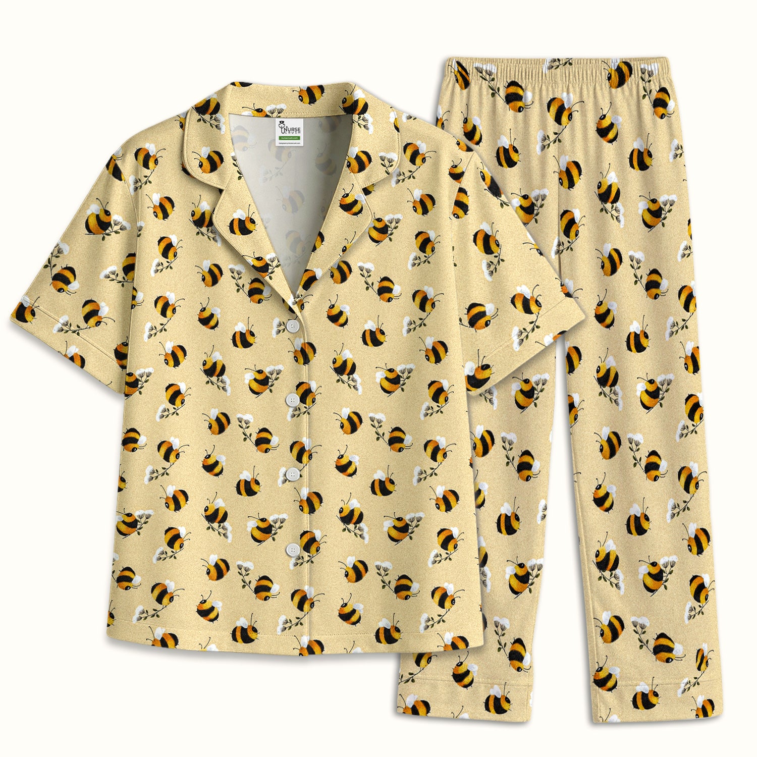 Cute Bumble Bee Blossom Pattern Pajama Set, Soft Breathable Fabric Comfortable Sleepwear