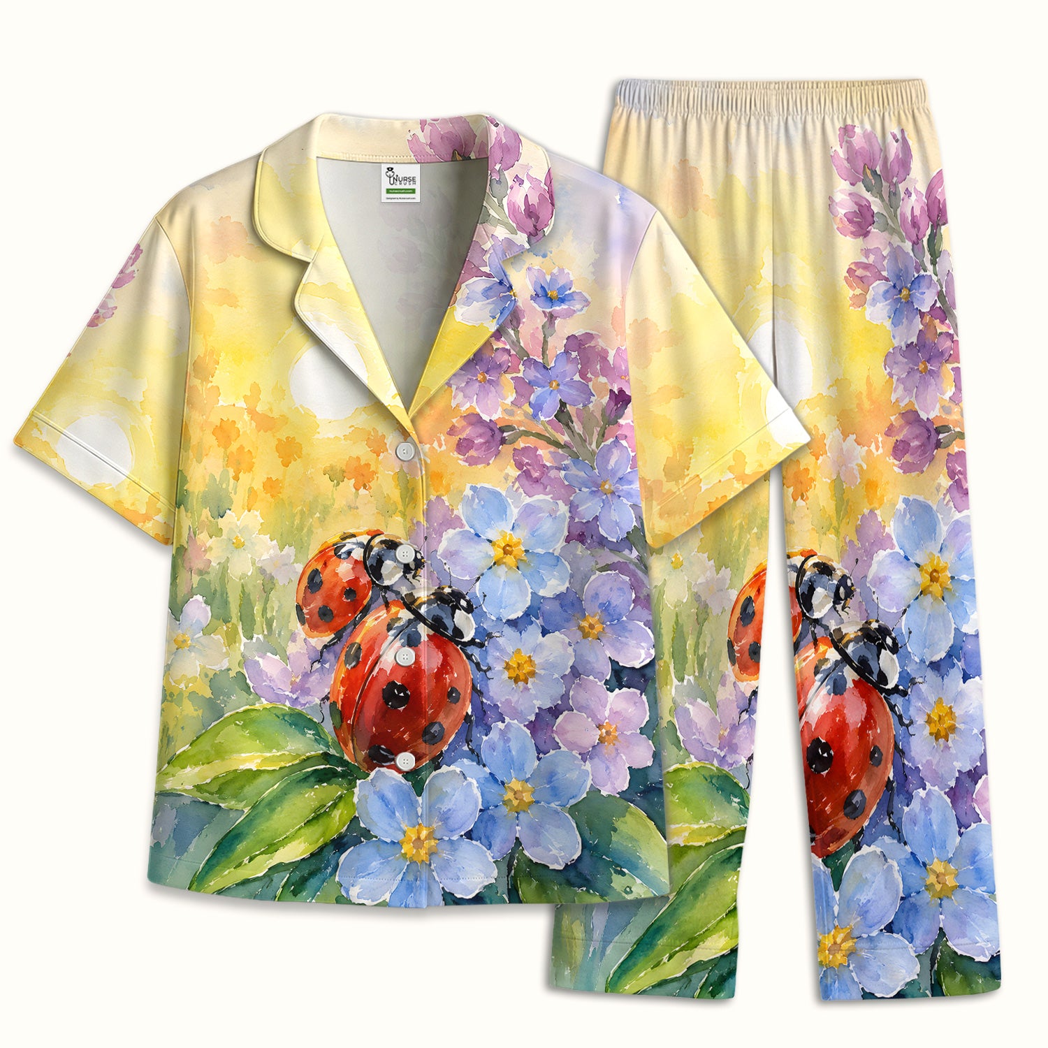Ladybug Spring Flower Garden Print Scrub Top, Comfortable Scrubs for Nurses Pajama Set, Soft Breathable Fabric Comfortable Sleepwear
