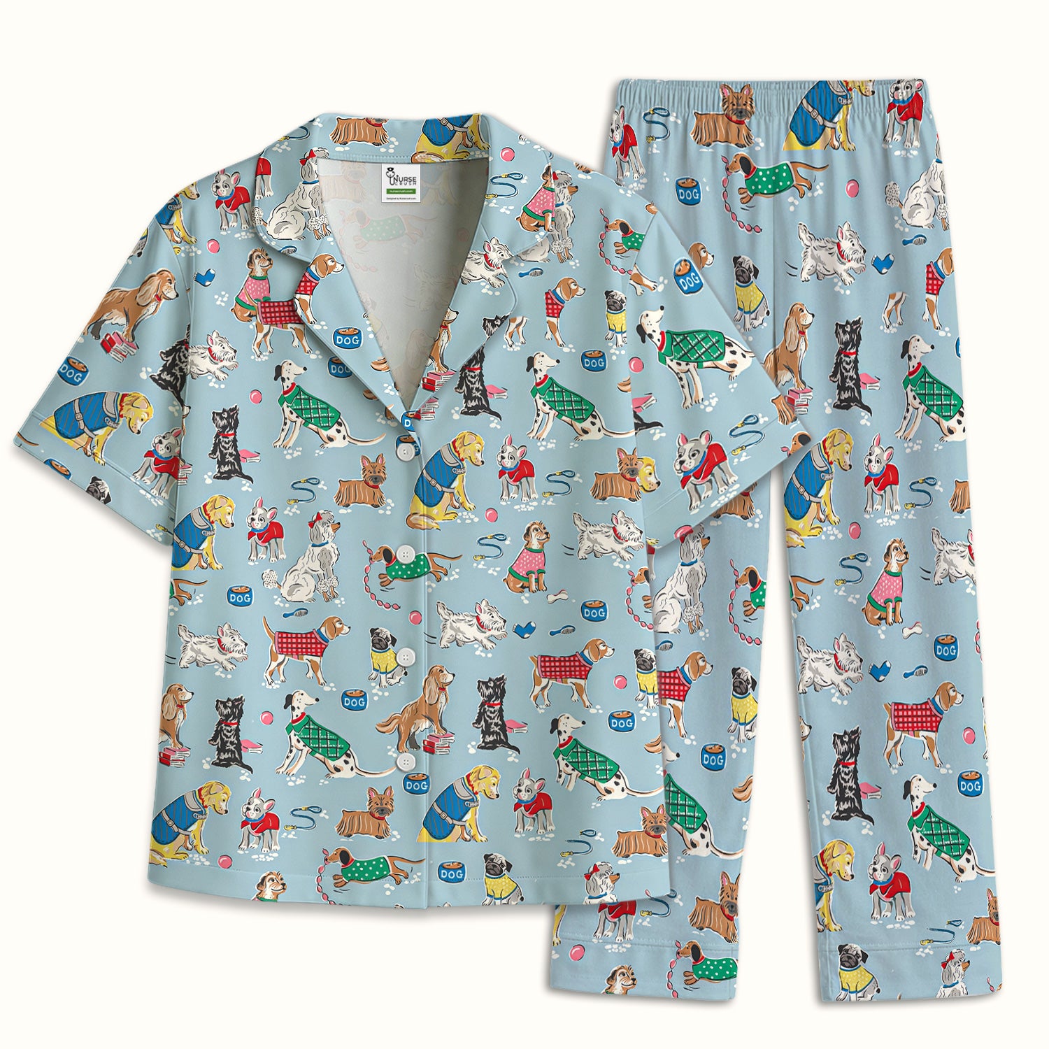 Cute Dog Wearing Sweater Playing Ball Pattern Pajama Set, Soft Breathable Fabric Comfortable Sleepwear
