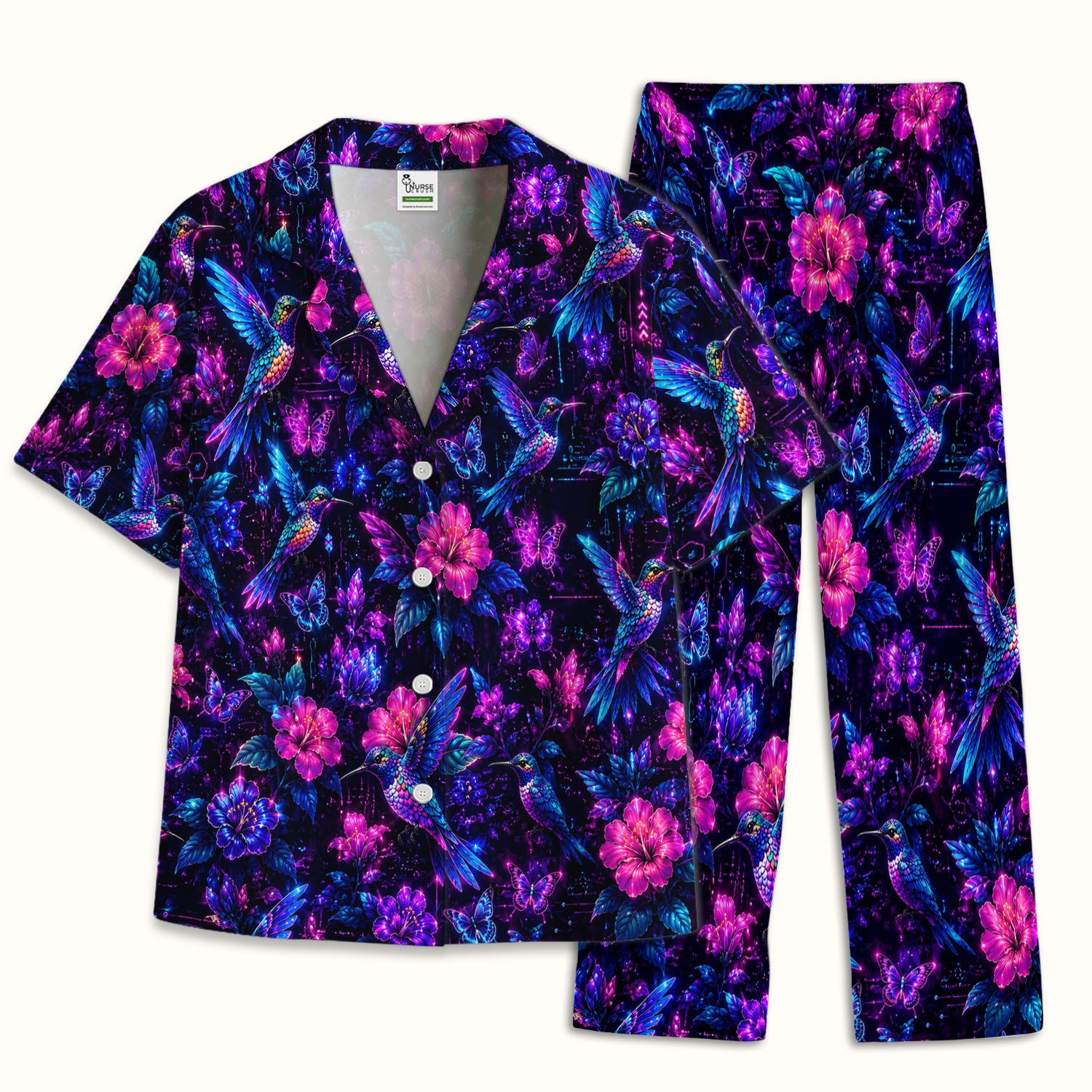 Neon Hummingbird Butterfly Bloom Pattern Pajama Set, Soft Breathable Fabric Comfortable Sleepwear