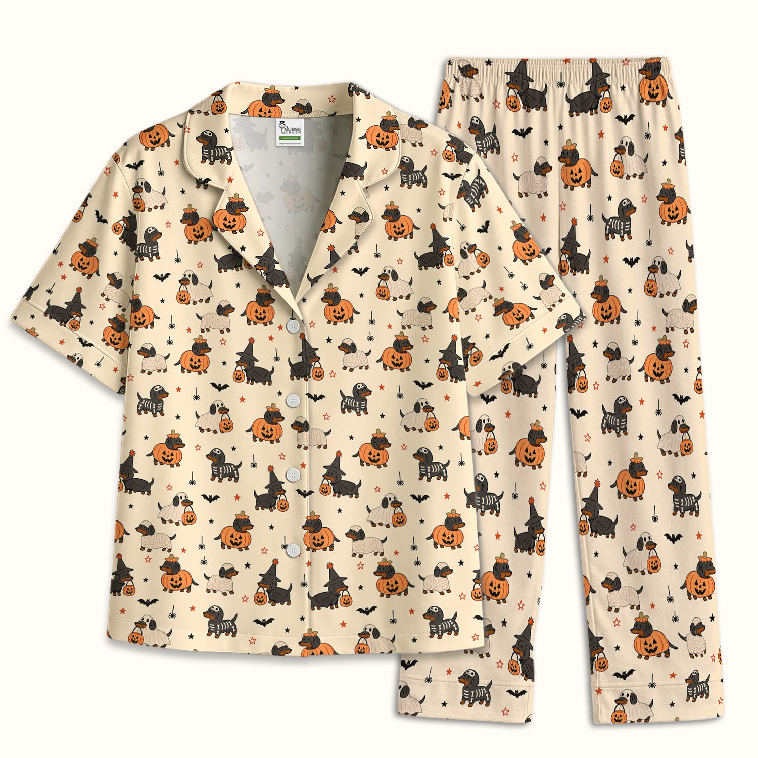 Halloween Dachshund Pattern Pajama Set, Soft Breathable Fabric Comfortable Sleepwear