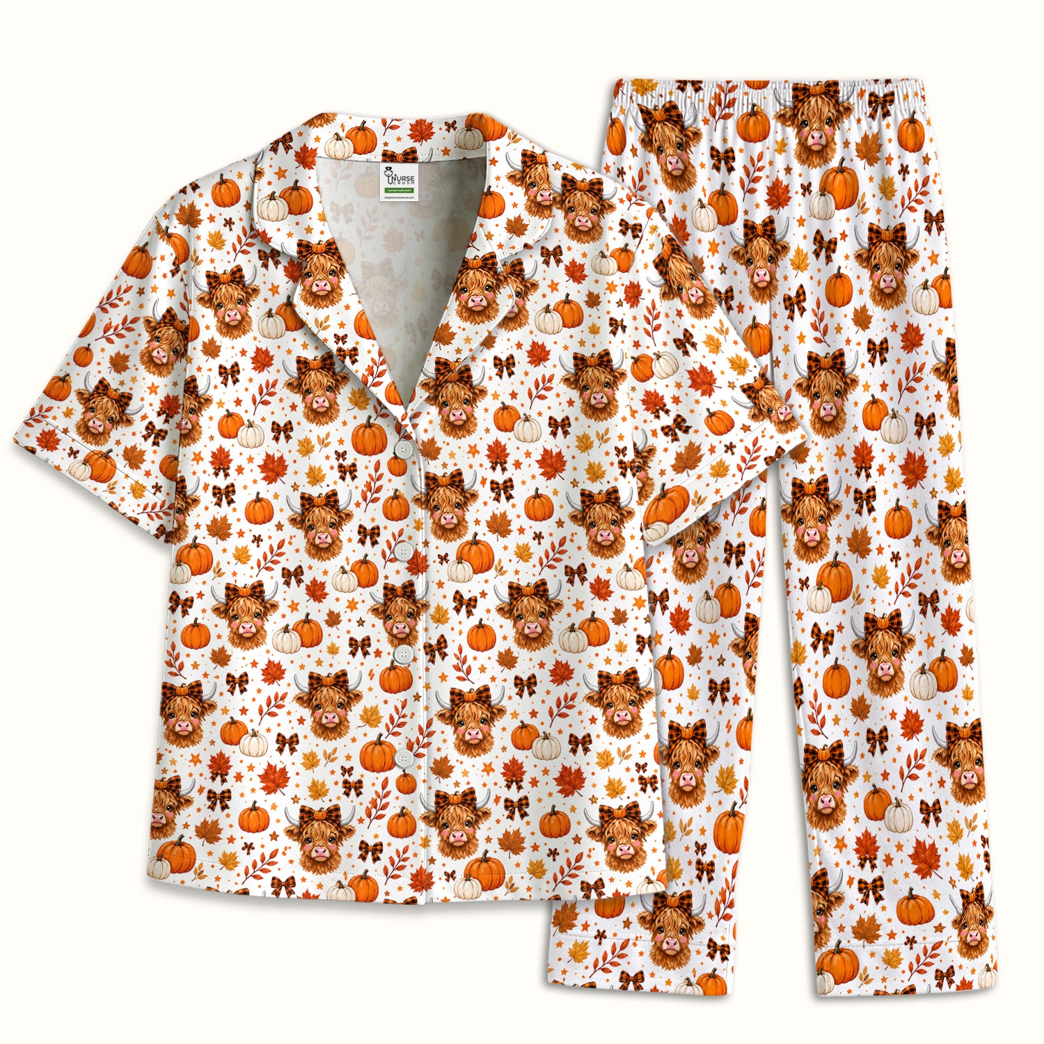Cute Fall Highland Cow Pajama Set, Soft Breathable Fabric Comfortable Sleepwear
