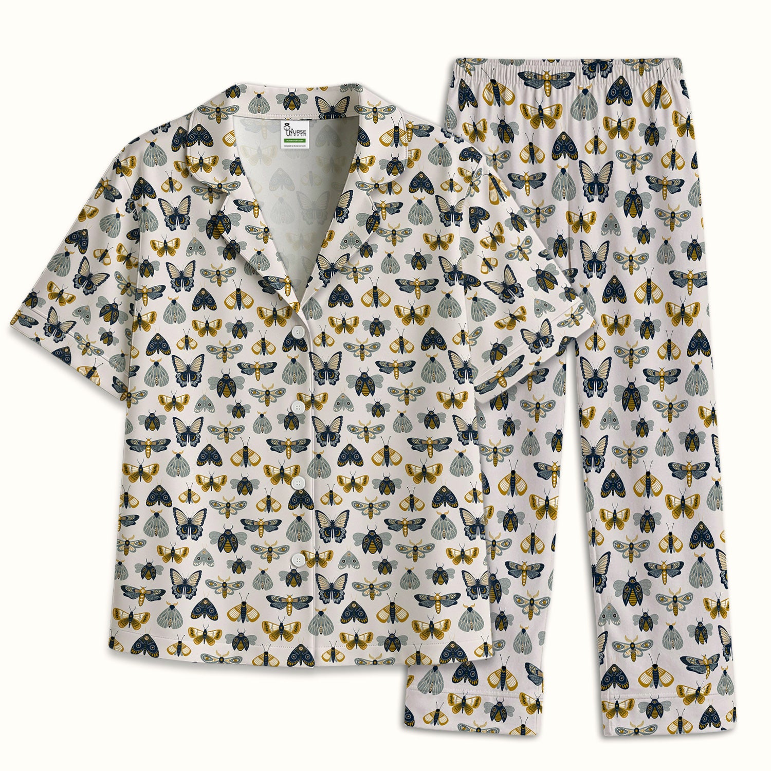 Vintage Butterfly Moth Insect Pattern Pajama Set, Soft Breathable Fabric Comfortable Sleepwear