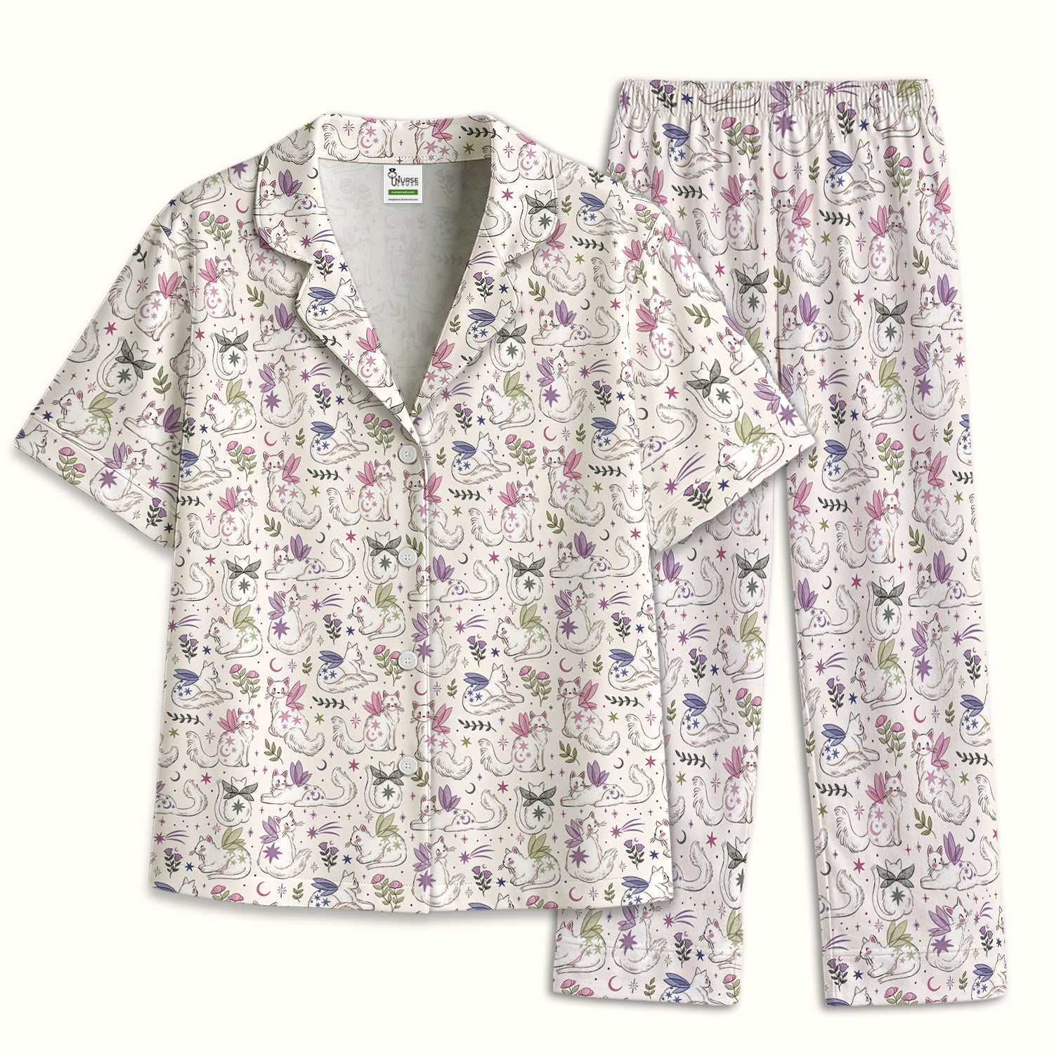 Cute Fairy Cat Moon Star Floral Pattern Pajama Set, Soft Breathable Fabric Comfortable Sleepwear