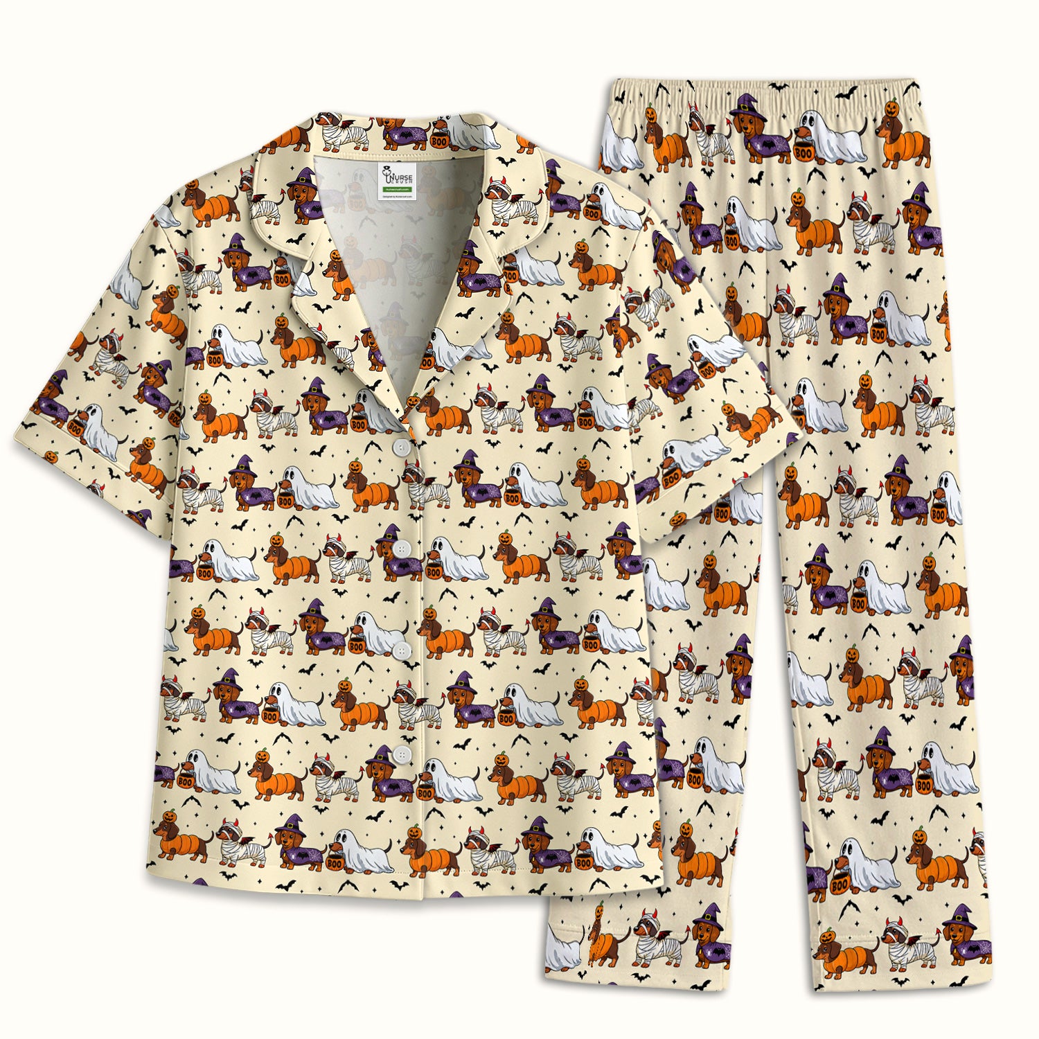 Halloween Dachshund with Bat Pattern Pajama Set, Soft Breathable Fabric Comfortable Sleepwear