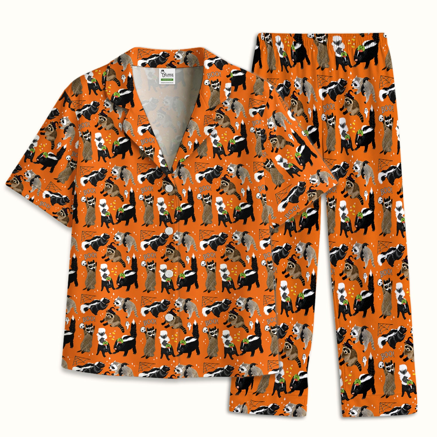 Halloween Wildlife with Skunk Raccoon Pattern Pajama Set, Soft Breathable Fabric Comfortable Sleepwear
