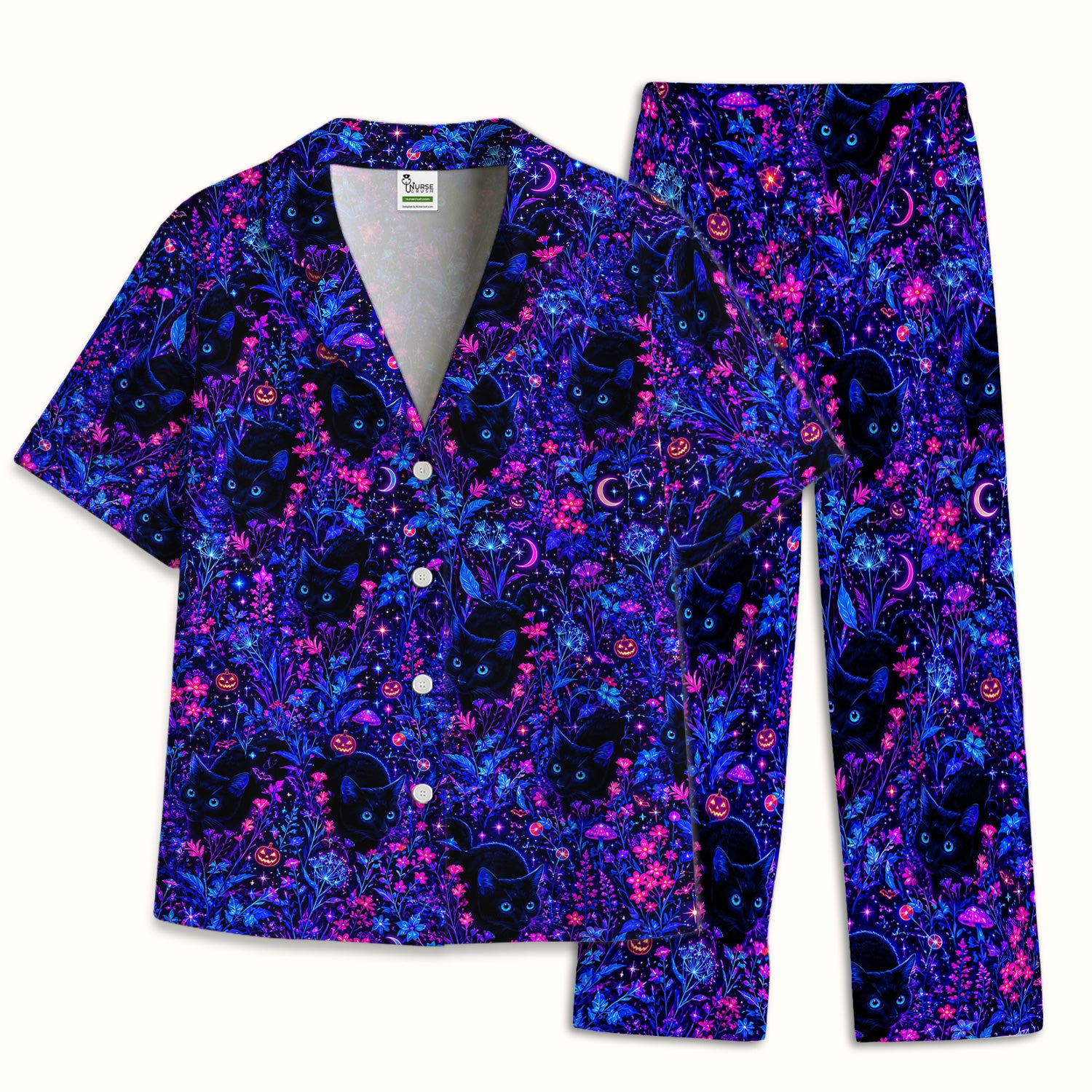 Spooky Black Cat Garden Pattern Pajama Set, Soft Breathable Fabric Comfortable Sleepwear