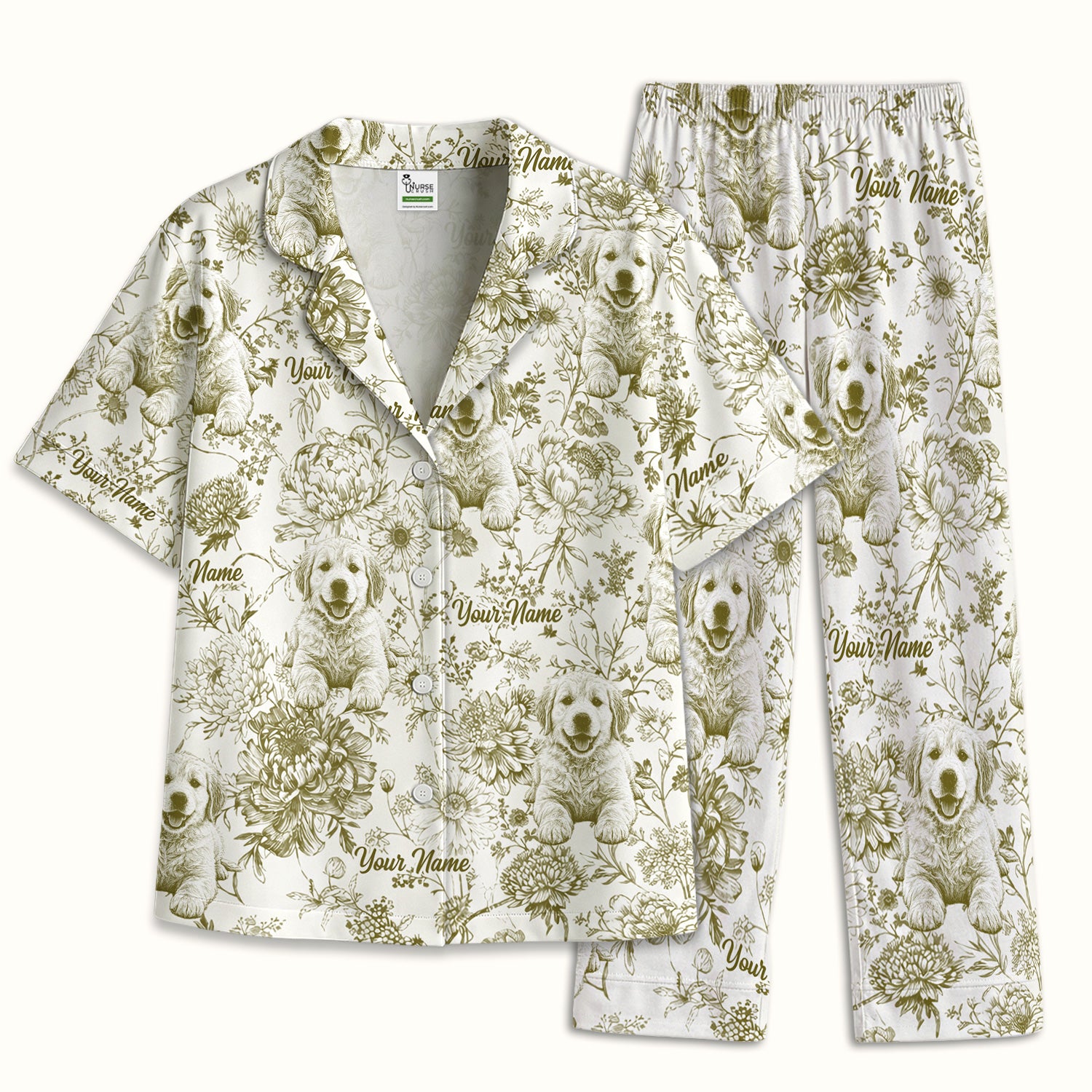 Personalized Custom Pet Photo Name Floral Pattern Pajama Set, Soft Breathable Fabric Comfortable Sleepwear