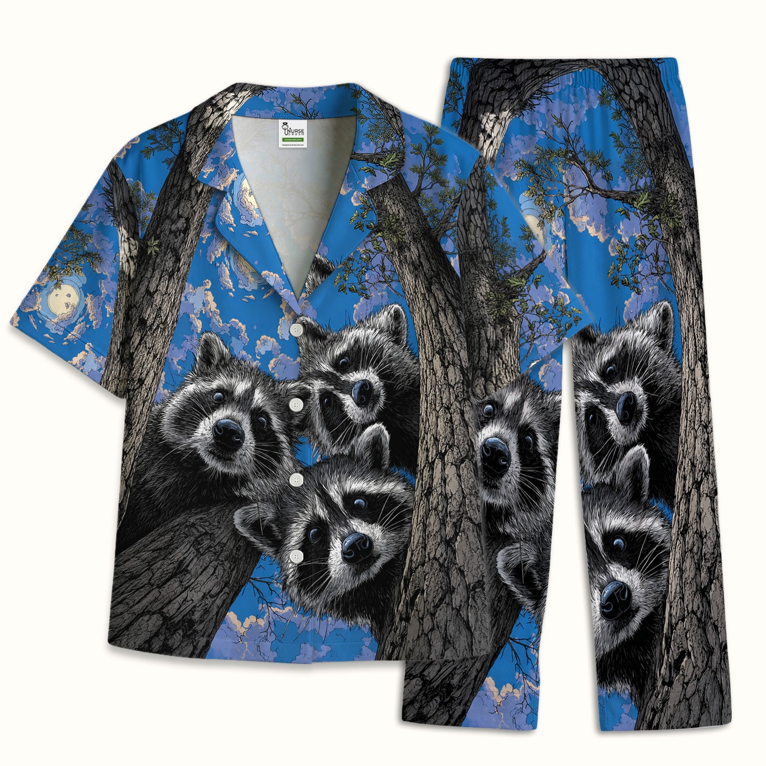 Cute Raccoon Tree Veterinary Pattern Pajama Set, Soft Breathable Fabric Comfortable Sleepwear