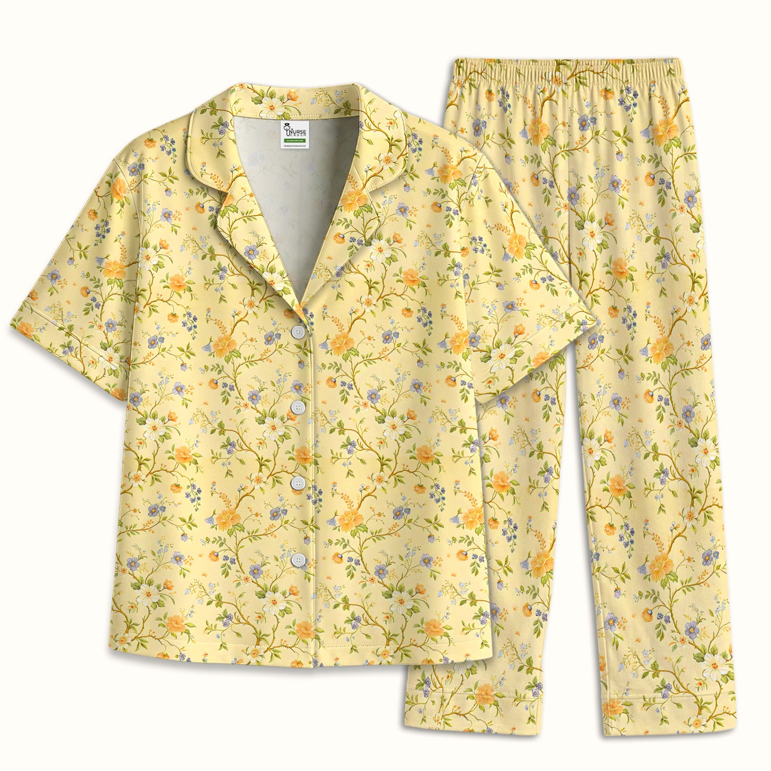Sunny Wildflower Garden Floral Pajama Set, Soft Breathable Fabric Comfortable Sleepwear