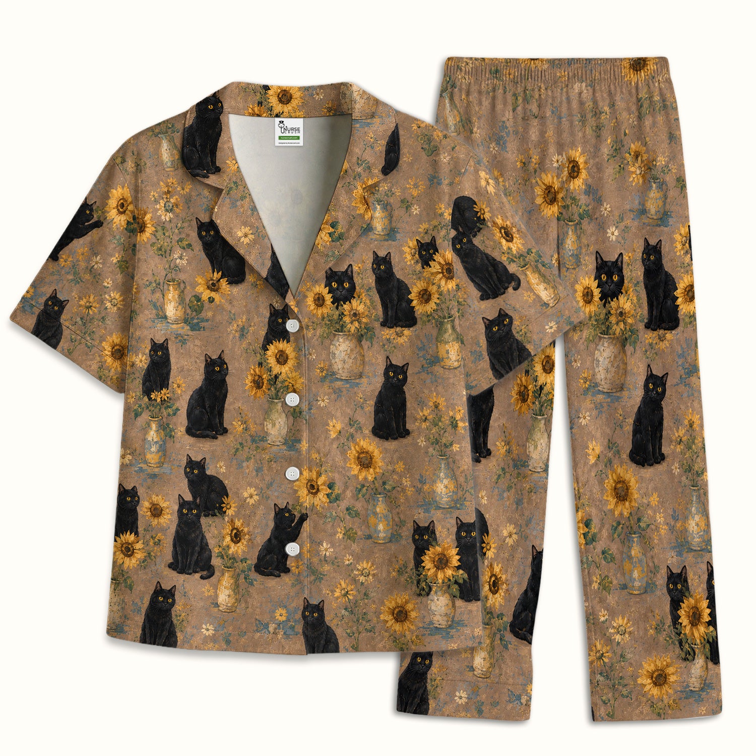 Rustic Sunflower Black Cat Print Pajama Set, Soft Breathable Fabric Comfortable Sleepwear