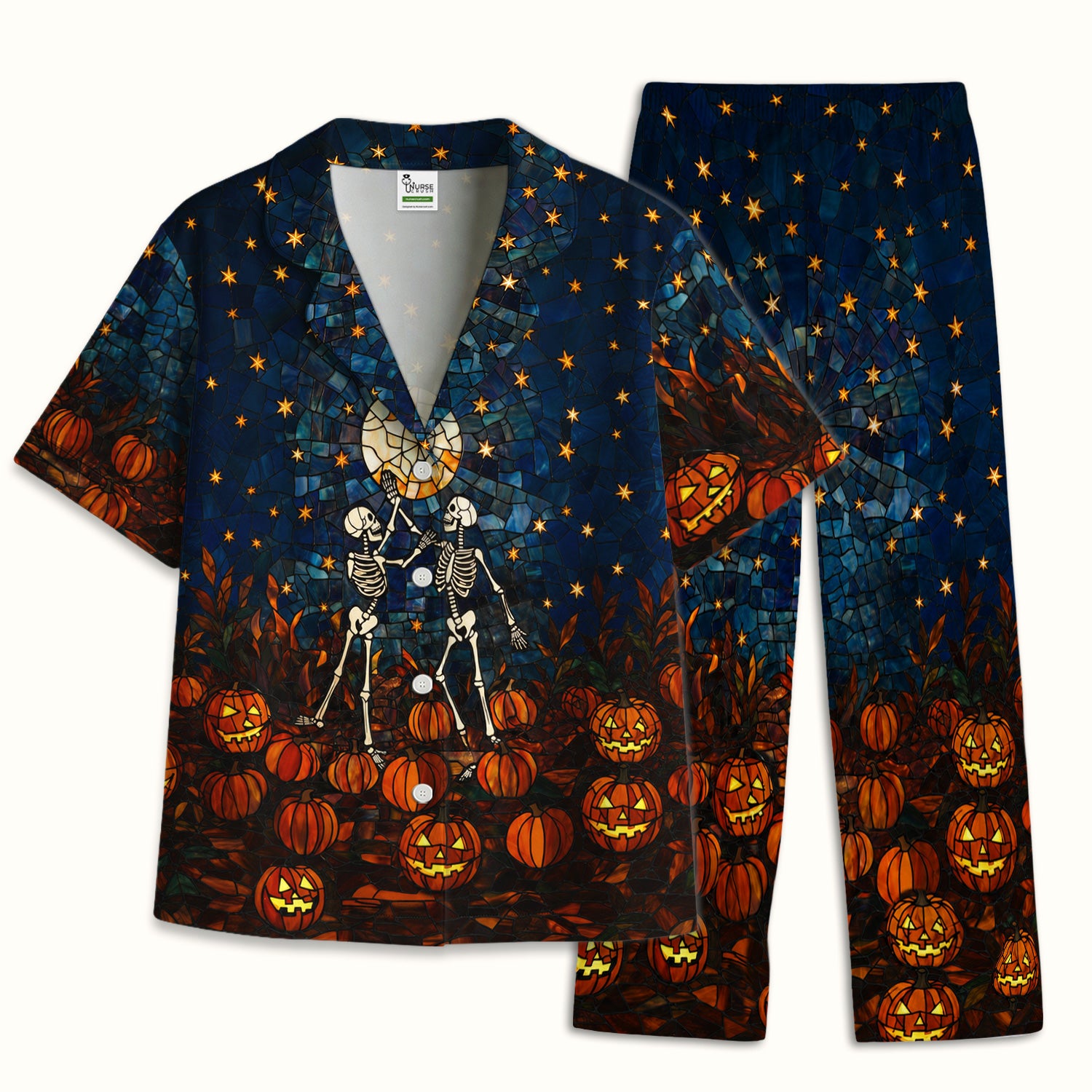 Halloween Skeleton Pumpkin Patch Pajama Set, Soft Breathable Fabric Comfortable Sleepwear