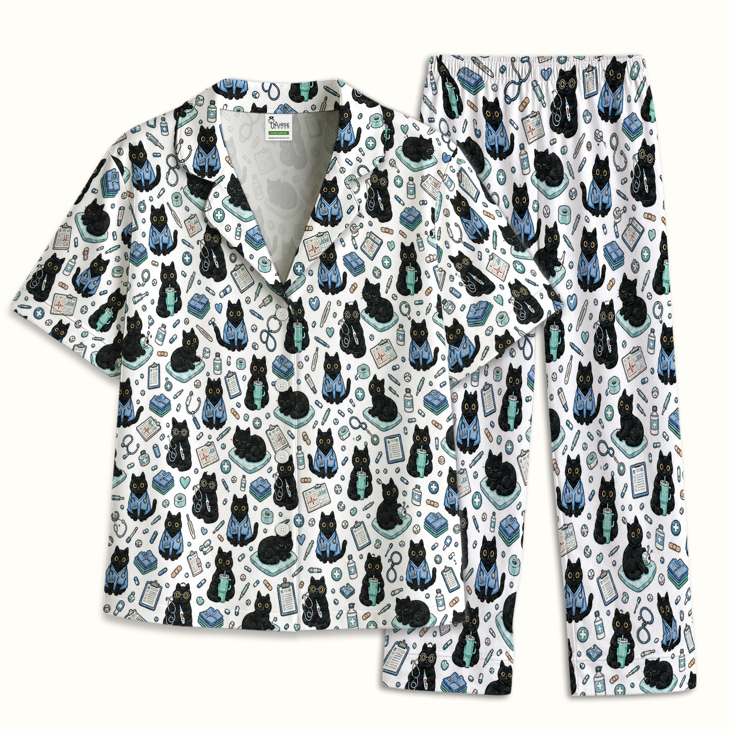 Black Cat Clinic Pajama Set, Soft Breathable Fabric Comfortable Sleepwear