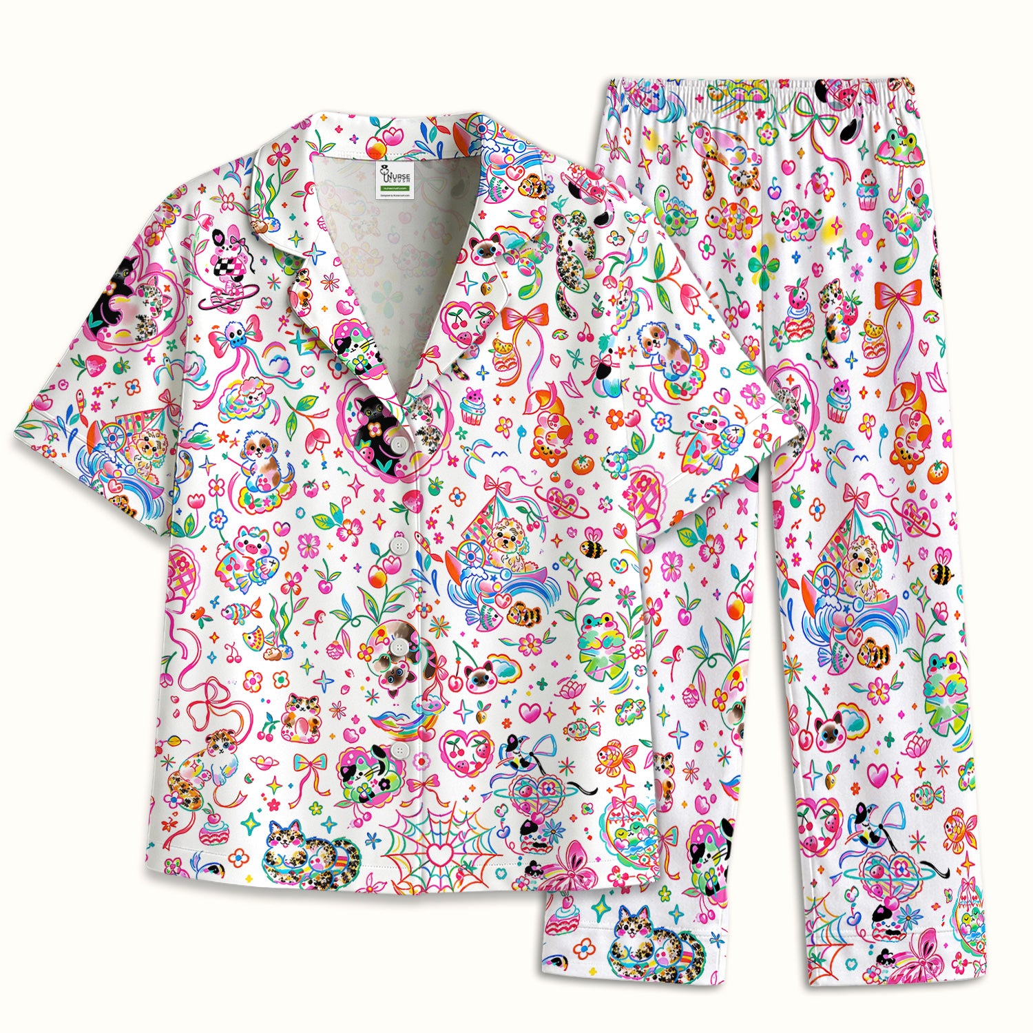 Colorful Kawaii Cat Heart Doodle Pattern Pajama Set, Soft Breathable Fabric Comfortable Sleepwear