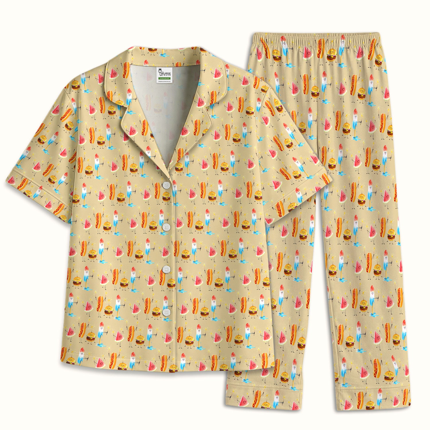 Funny Summer Food Icons Pattern Pajama Set, Soft Breathable Fabric Comfortable Sleepwear