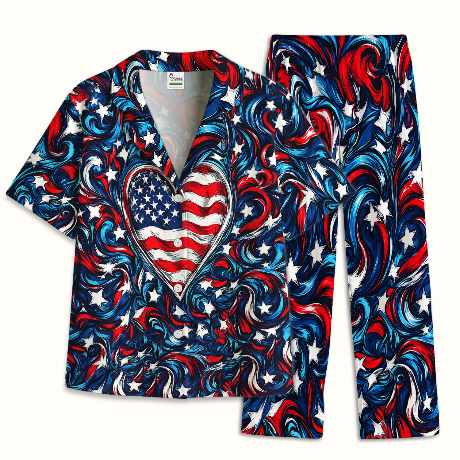 American Flag Heart Pattern Pajama Set, Soft Breathable Fabric Comfortable Sleepwear