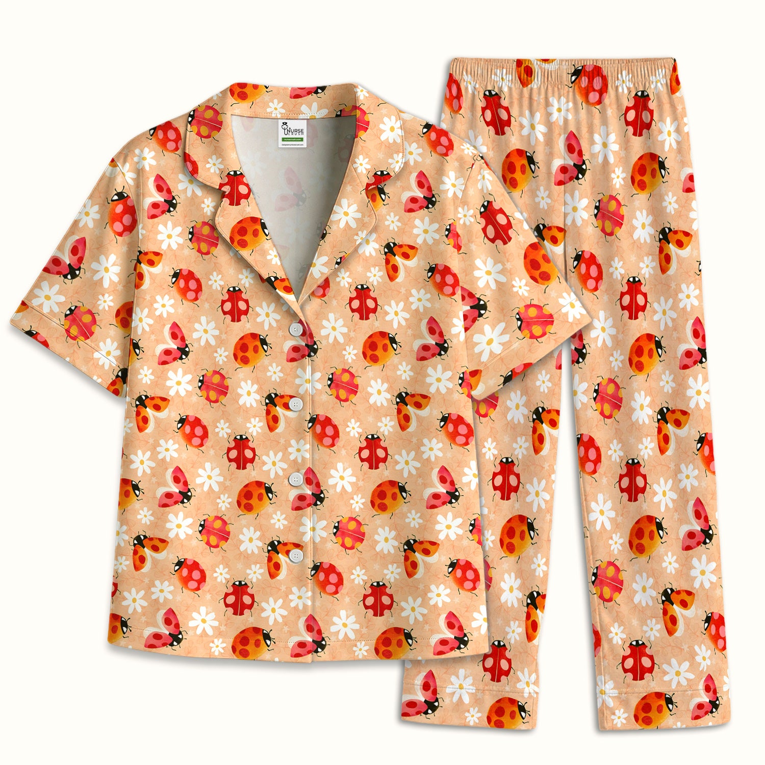 Ladybug Daisy Floral Pattern Pajama Set, Soft Breathable Fabric Comfortable Sleepwear