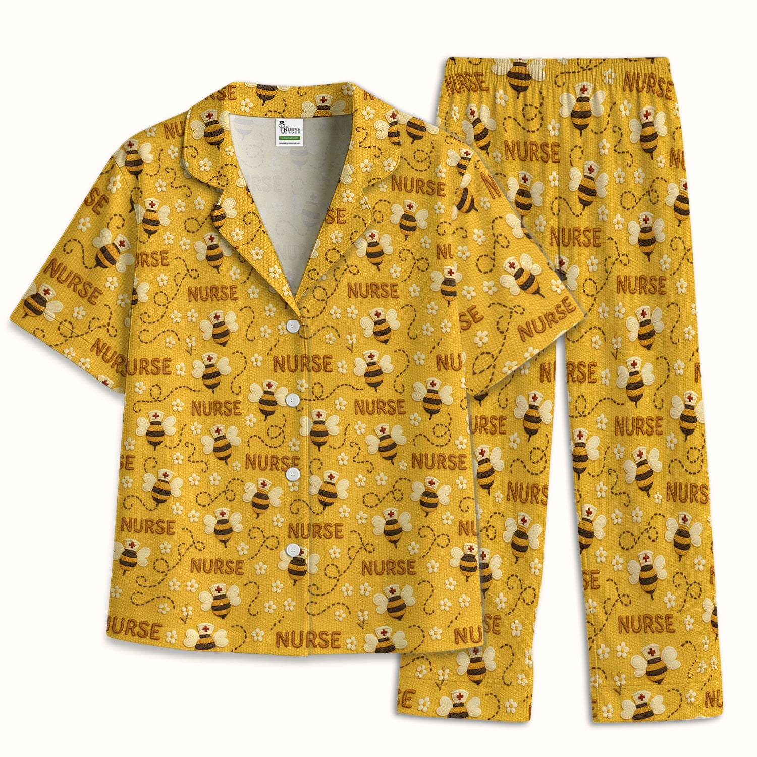 Honey Bee Nurse Scrub Top – Cute Bumblebee Medical Pattern Pajama Set, Soft Breathable Fabric Comfortable Sleepwear