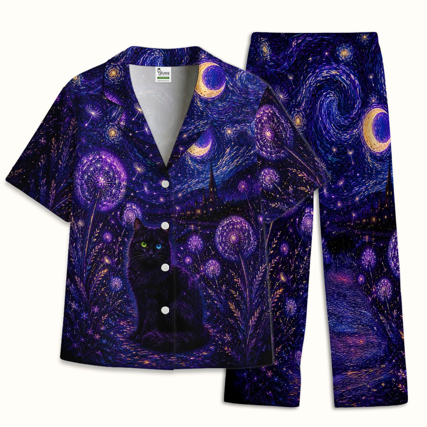 Mystical Black Cat Starry Night Print Pajama Set, Soft Breathable Fabric Comfortable Sleepwear