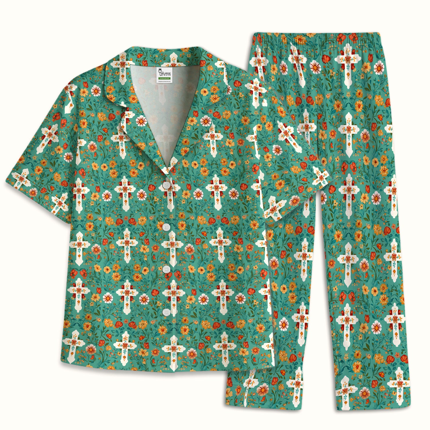 Christian Faith Floral Cross Pattern Pajama Set, Soft Breathable Fabric Comfortable Sleepwear