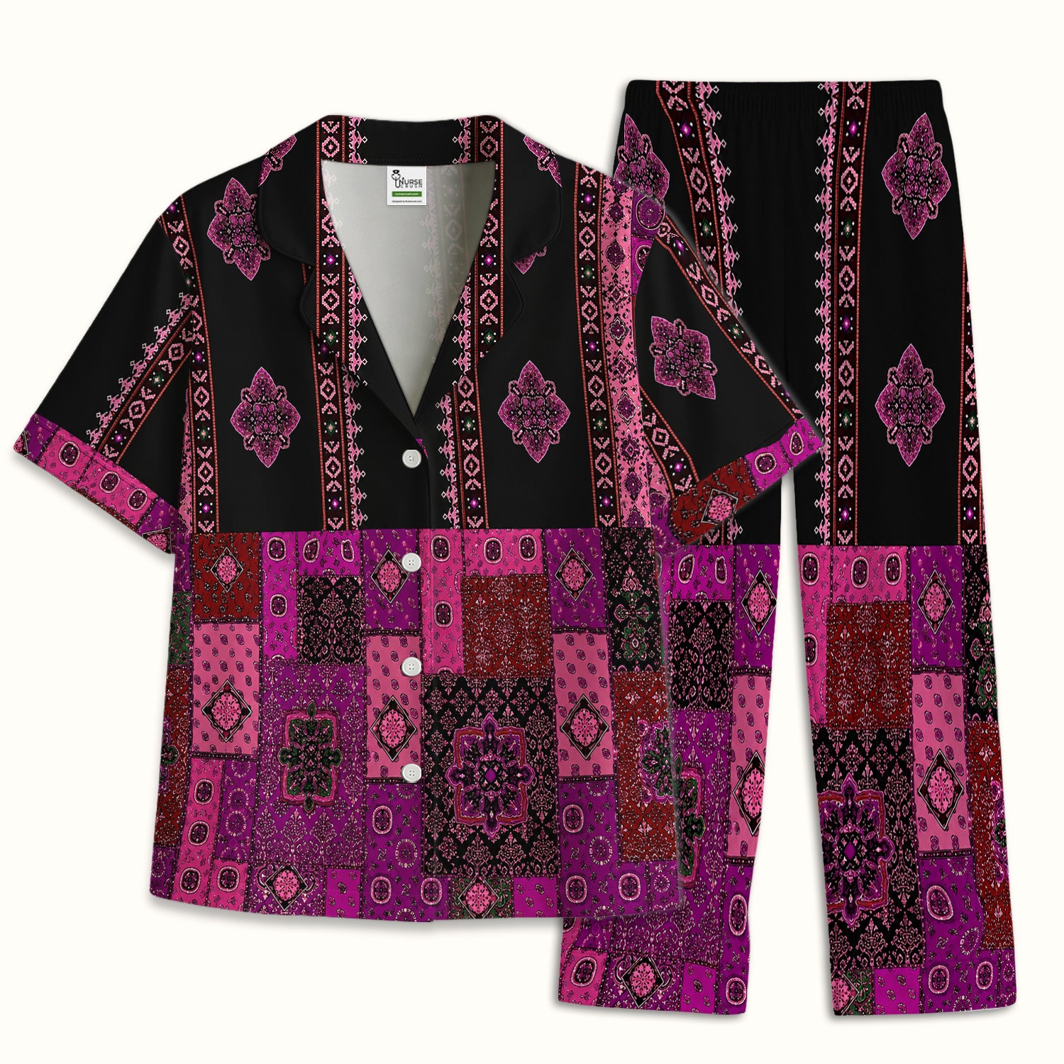 Boho Pink Bandana Patchwork Pattern Pajama Set, Soft Breathable Fabric Comfortable Sleepwear
