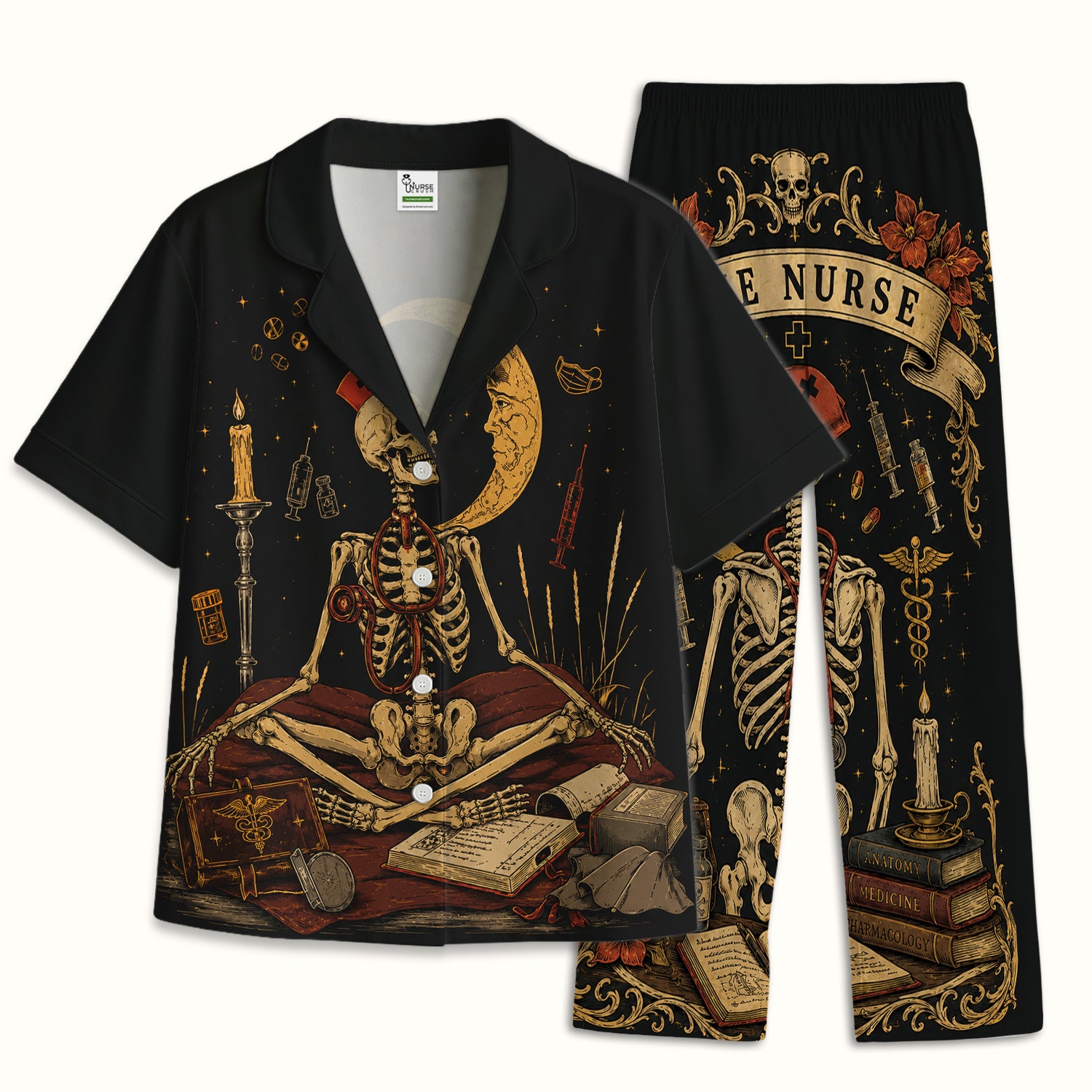 Breast Cancer Skeleton Nurse Pajama Set, Soft Breathable Fabric Comfortable Sleepwear
