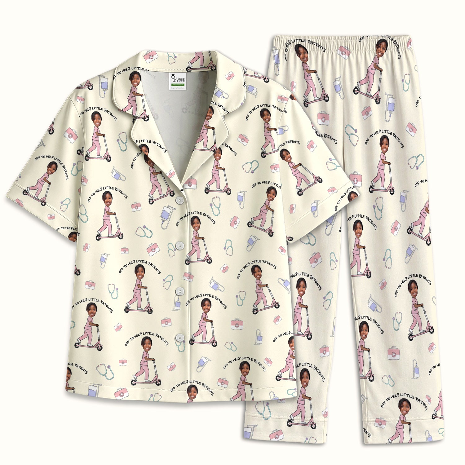 Custom Face Pediatric Nurse Scooter Pattern Pajama Set, Soft Breathable Fabric Comfortable Sleepwear