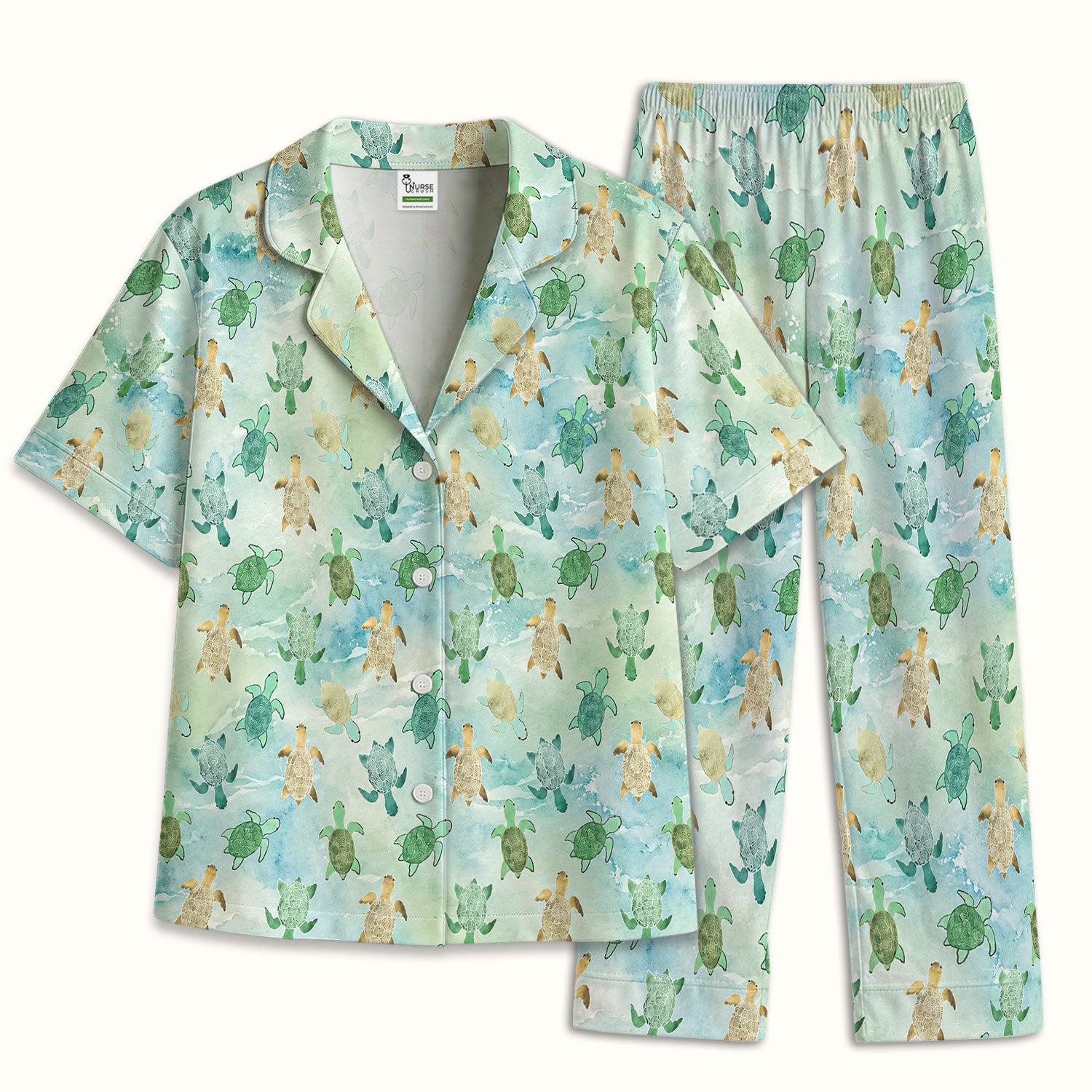Watercolor Sea Turtle Pattern Pajama Set, Soft Breathable Fabric Comfortable Sleepwear