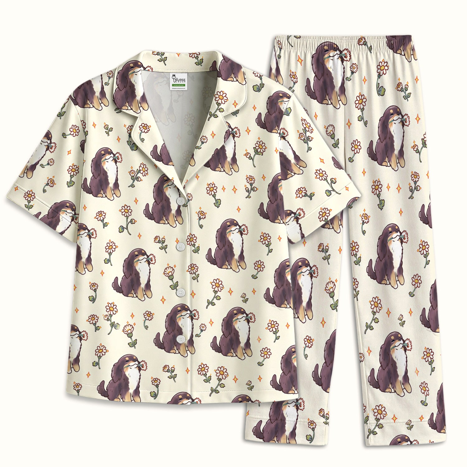 Cute Floral Otter Holding Daisy Pattern Pajama Set, Soft Breathable Fabric Comfortable Sleepwear